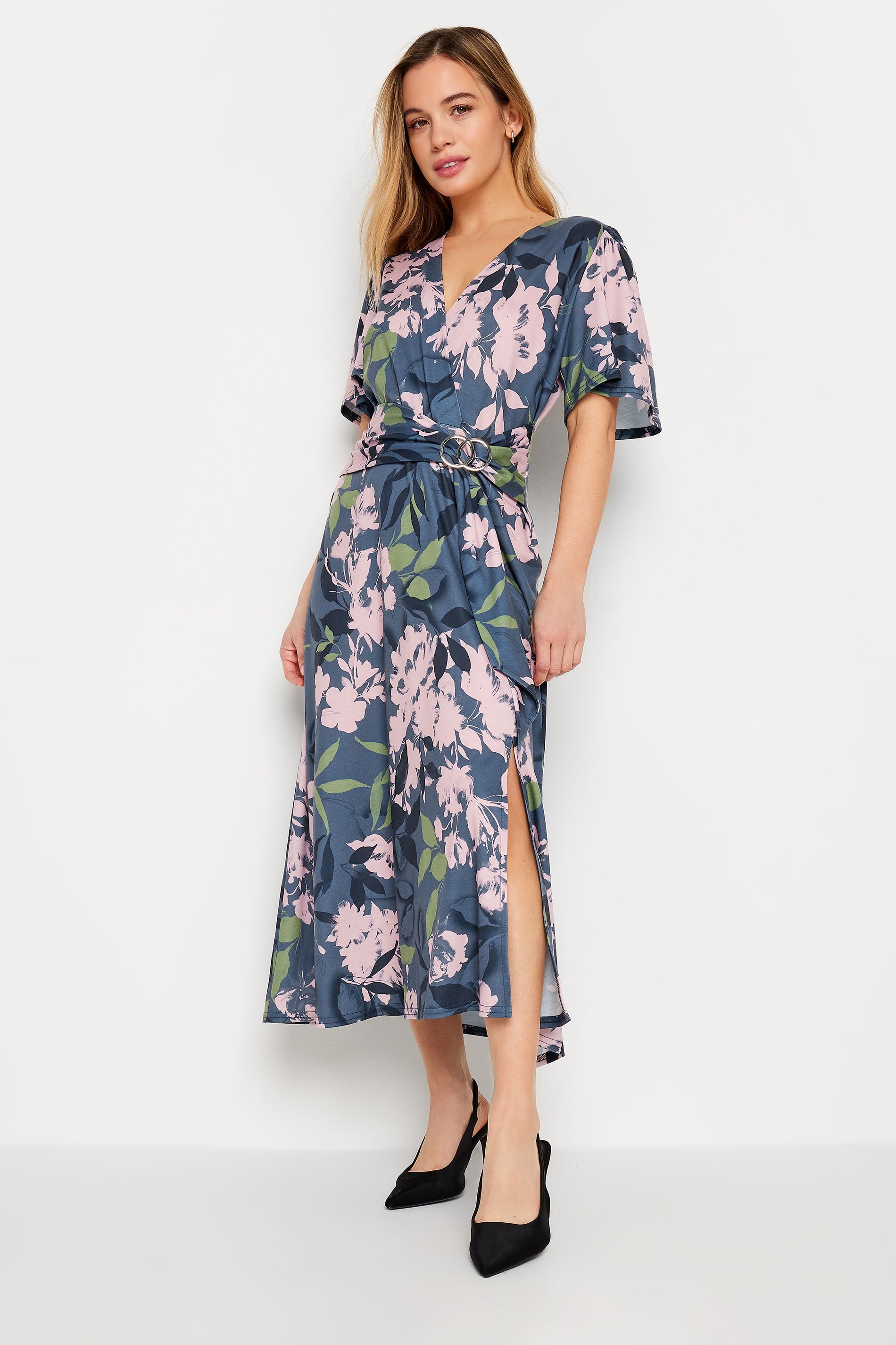 M&Co Petite Blue Floral Belted Wrap Dress | M&Co 1