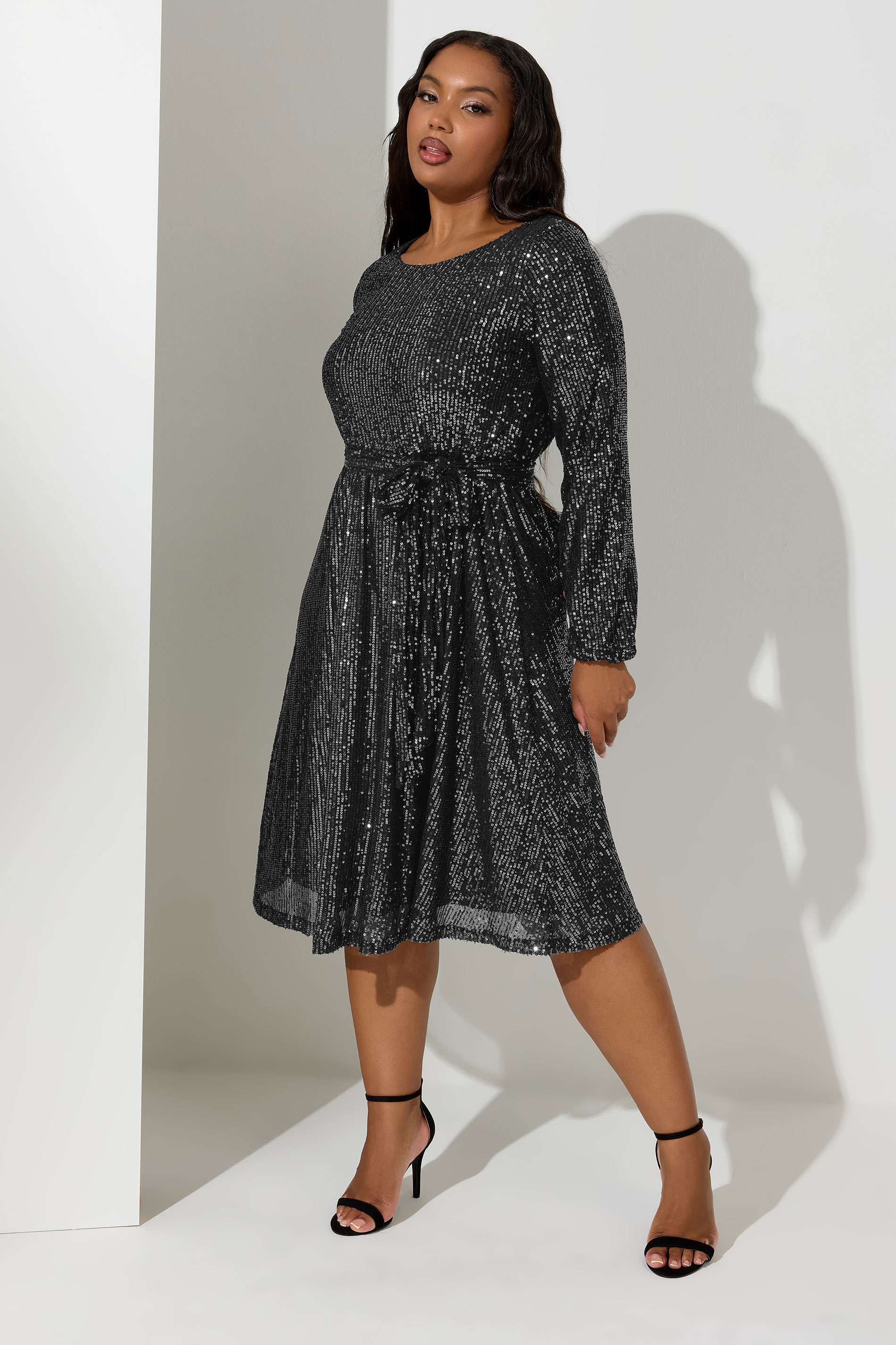 YOURS LONDON Plus Size Black Sequin Skater Midi Dress | Yours Clothing 3