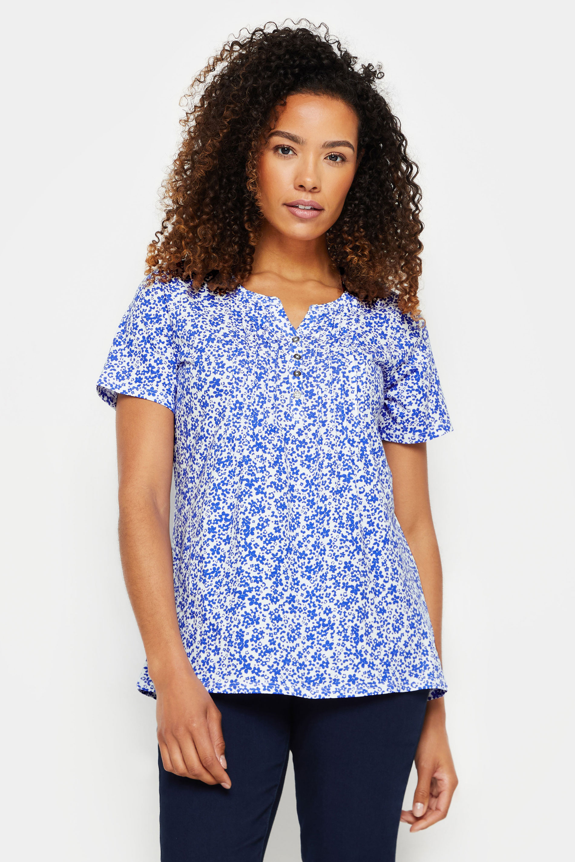M&Co Blue Flower Print Short Sleeve Cotton Henley Top | M&Co 1