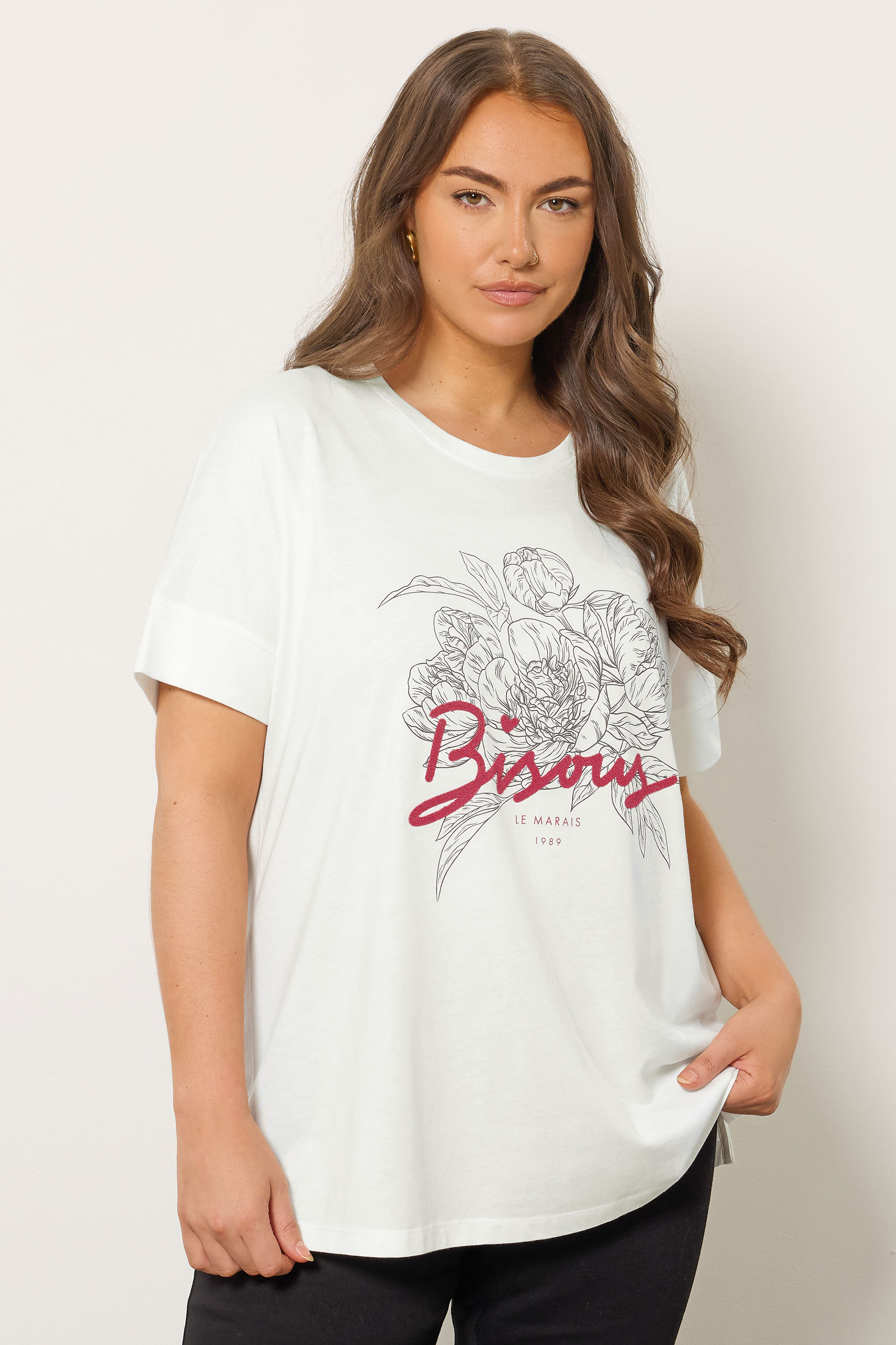 EVANS Plus Size Ivory White Floral Beaded Slogan Modal T-Shirt | Evans 3