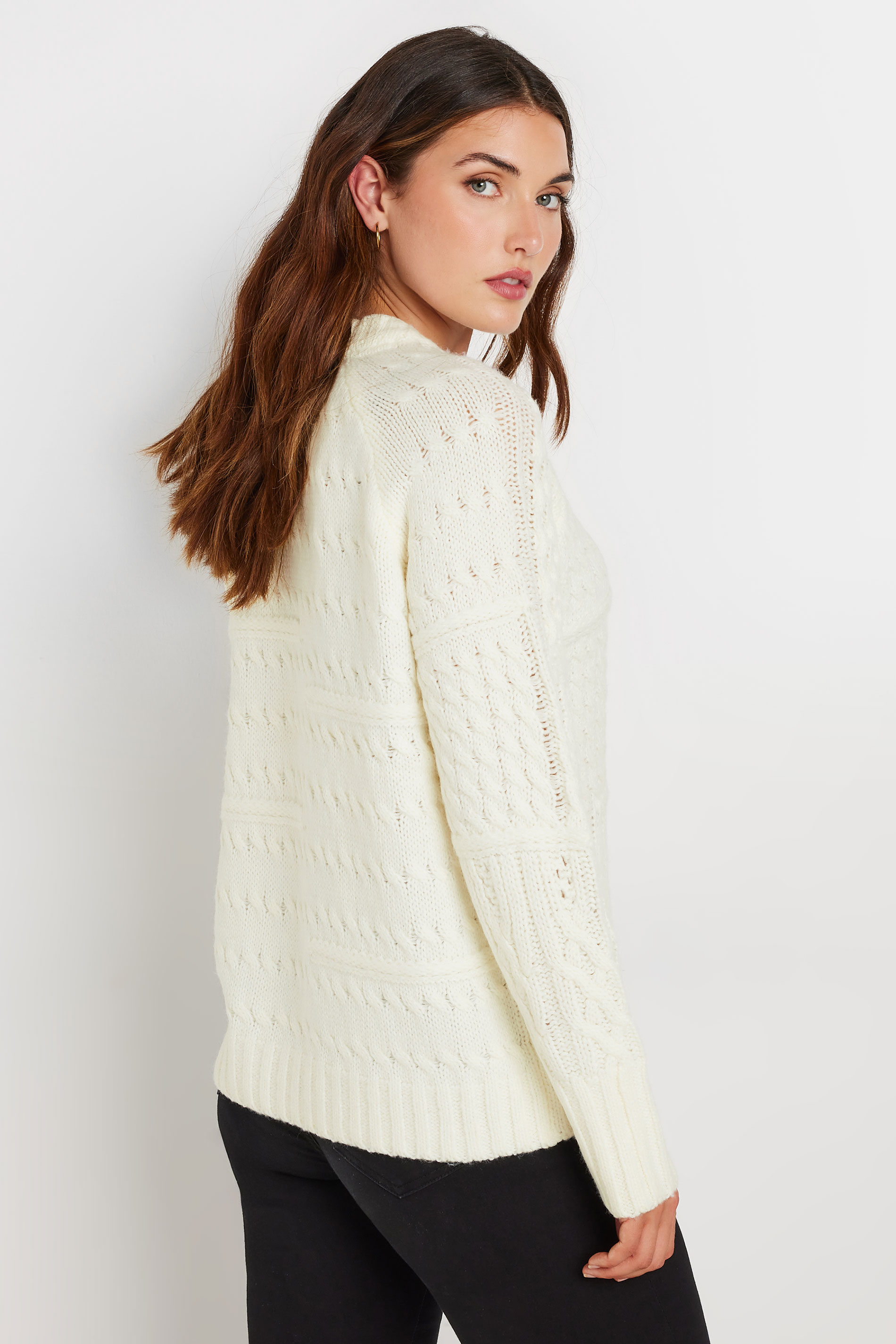 LTS Tall Women's Ivory White Patchwork Cable Knit Jumper | Long Tall Sally 2