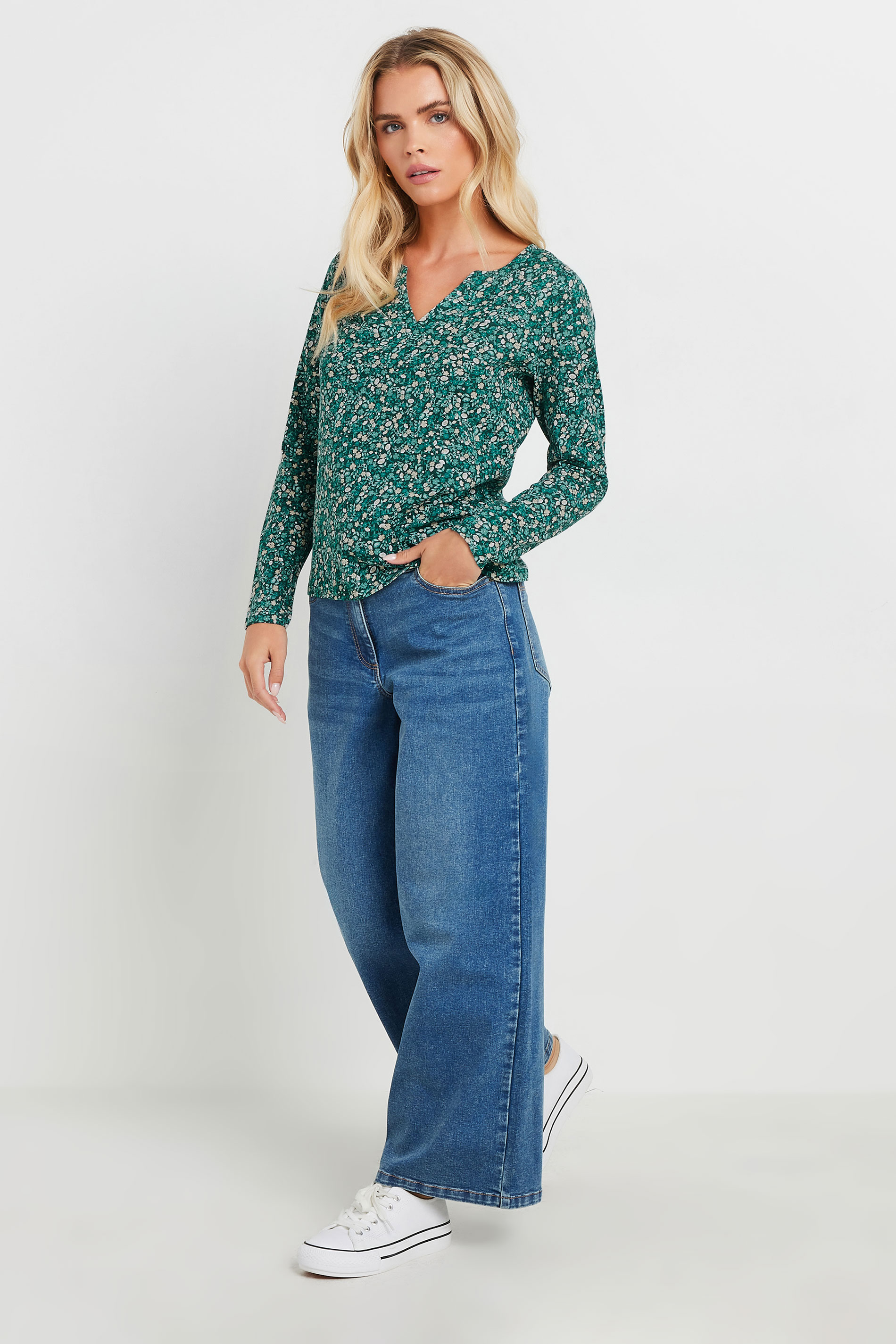 M&Co Petite Green Ditsy Floral Print Cotton Notch Neck T-Shirt | M&Co 1