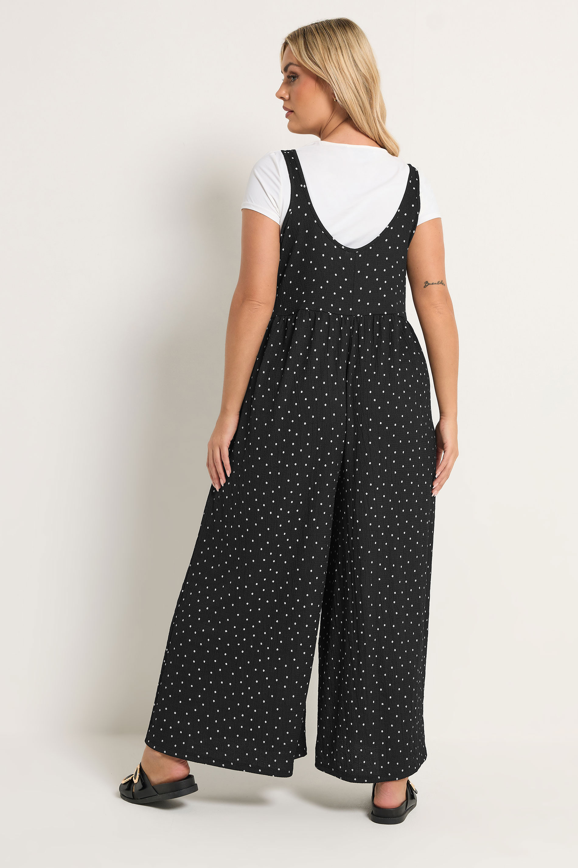 YOURS Plus Size Black Polka Dot Textured Jumpsuit | Yours Clothing 2