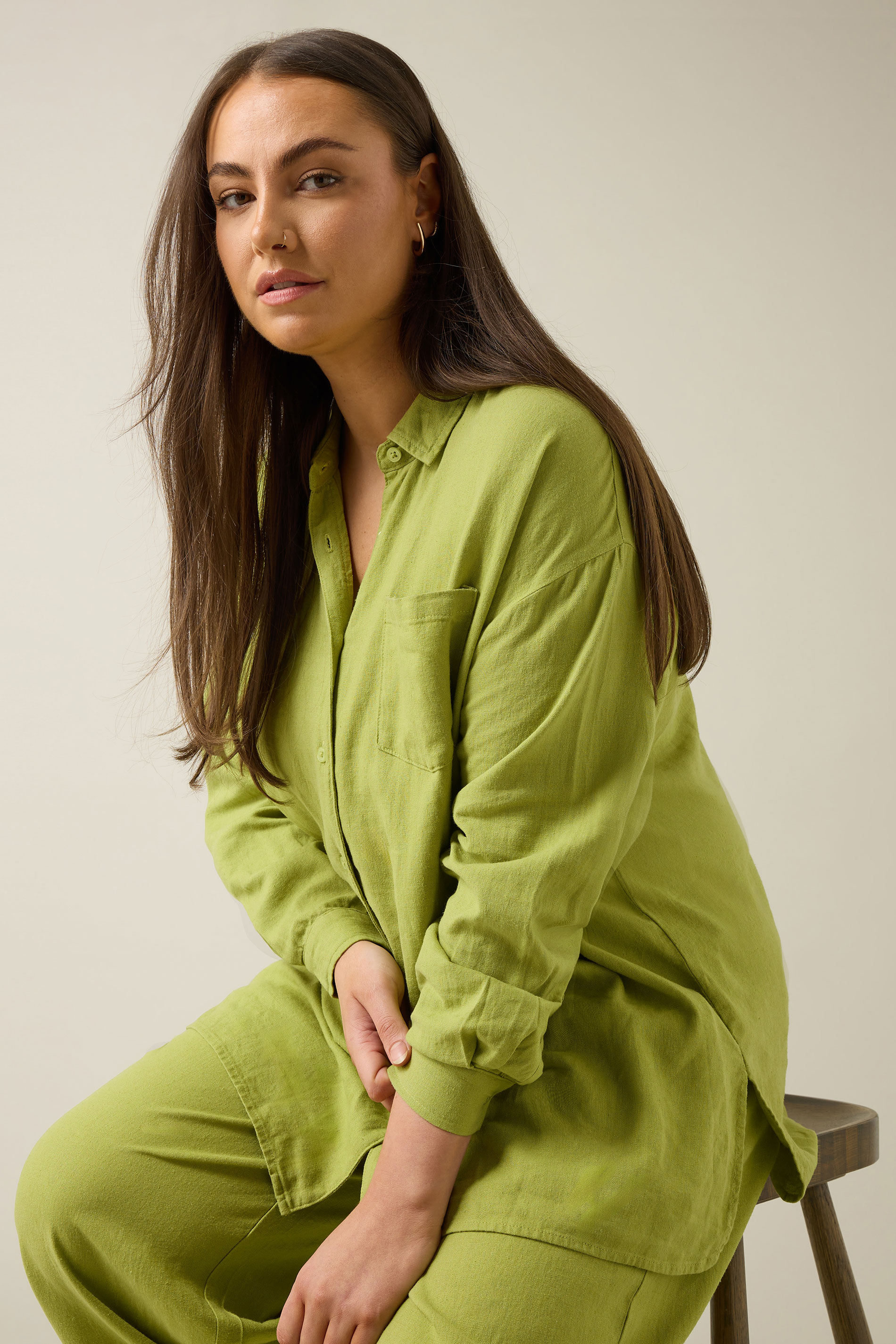 EVANS Plus Size Chartreuse Green Long Sleeve Premium Linen Shirt | Evans 5