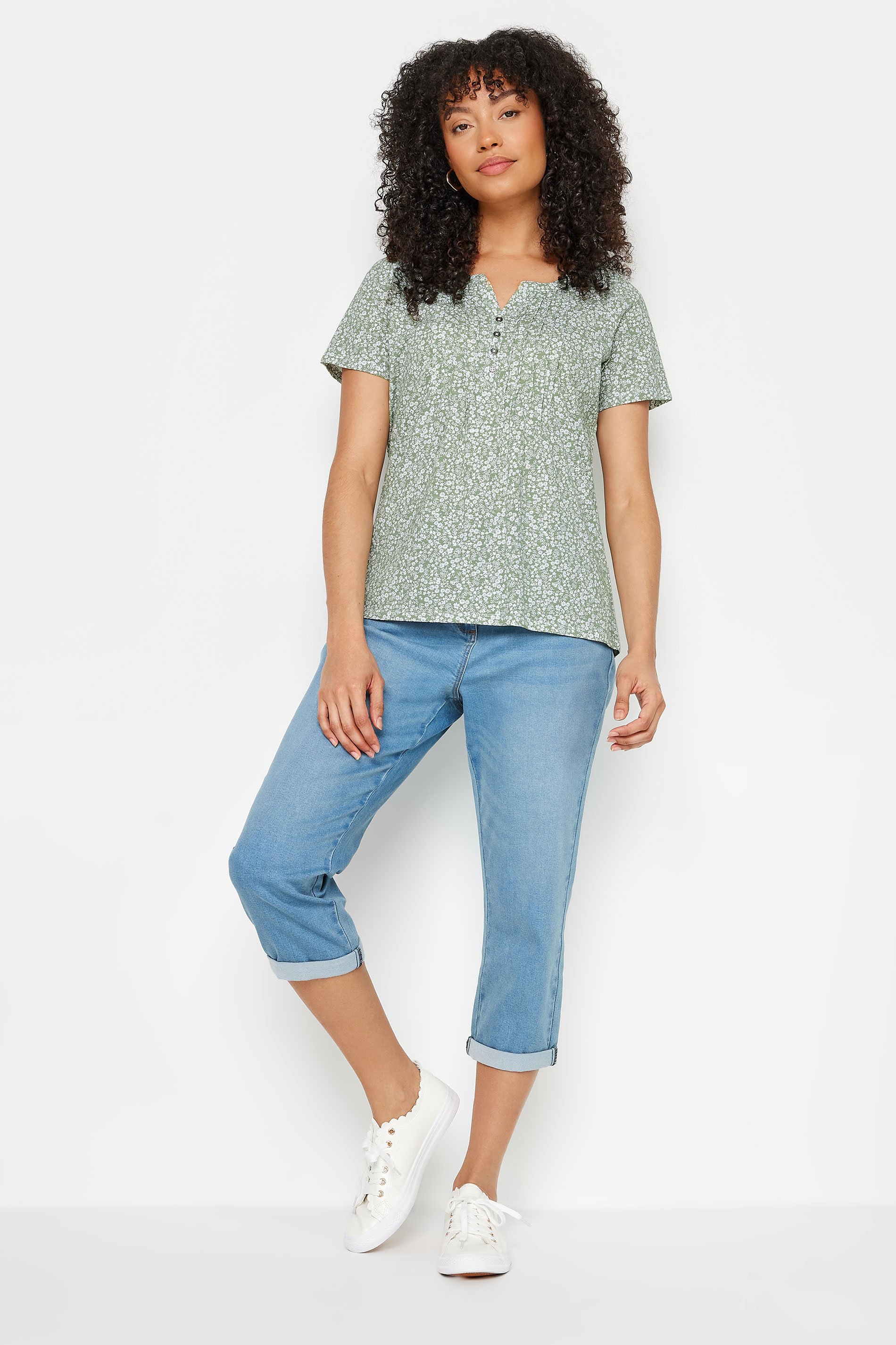 M&Co Green Floral Print Cotton Short Sleeve Henley Top | M&Co 2