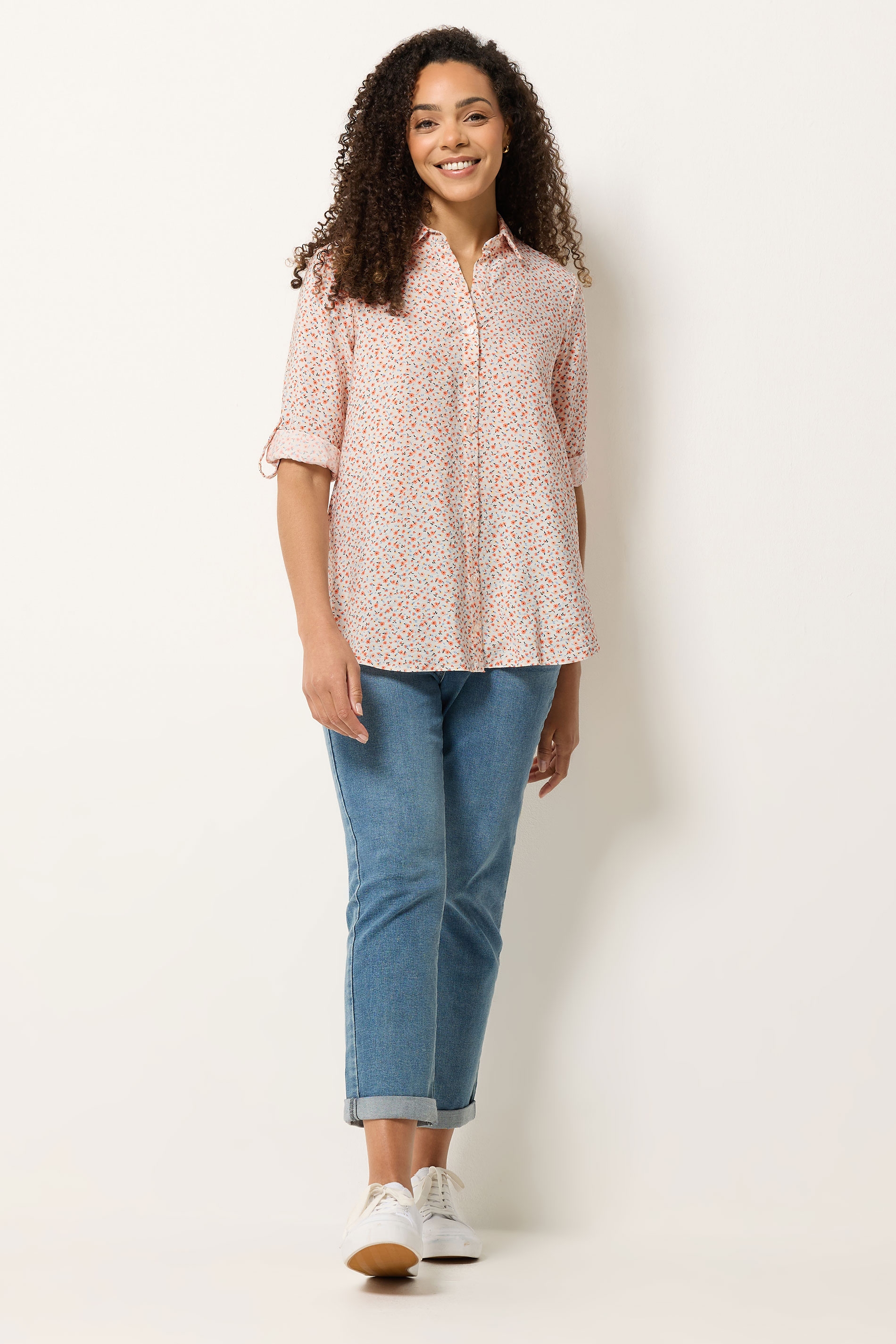 M&Co White & Orange Ditsy Floral Tab Sleeve Shirt 1