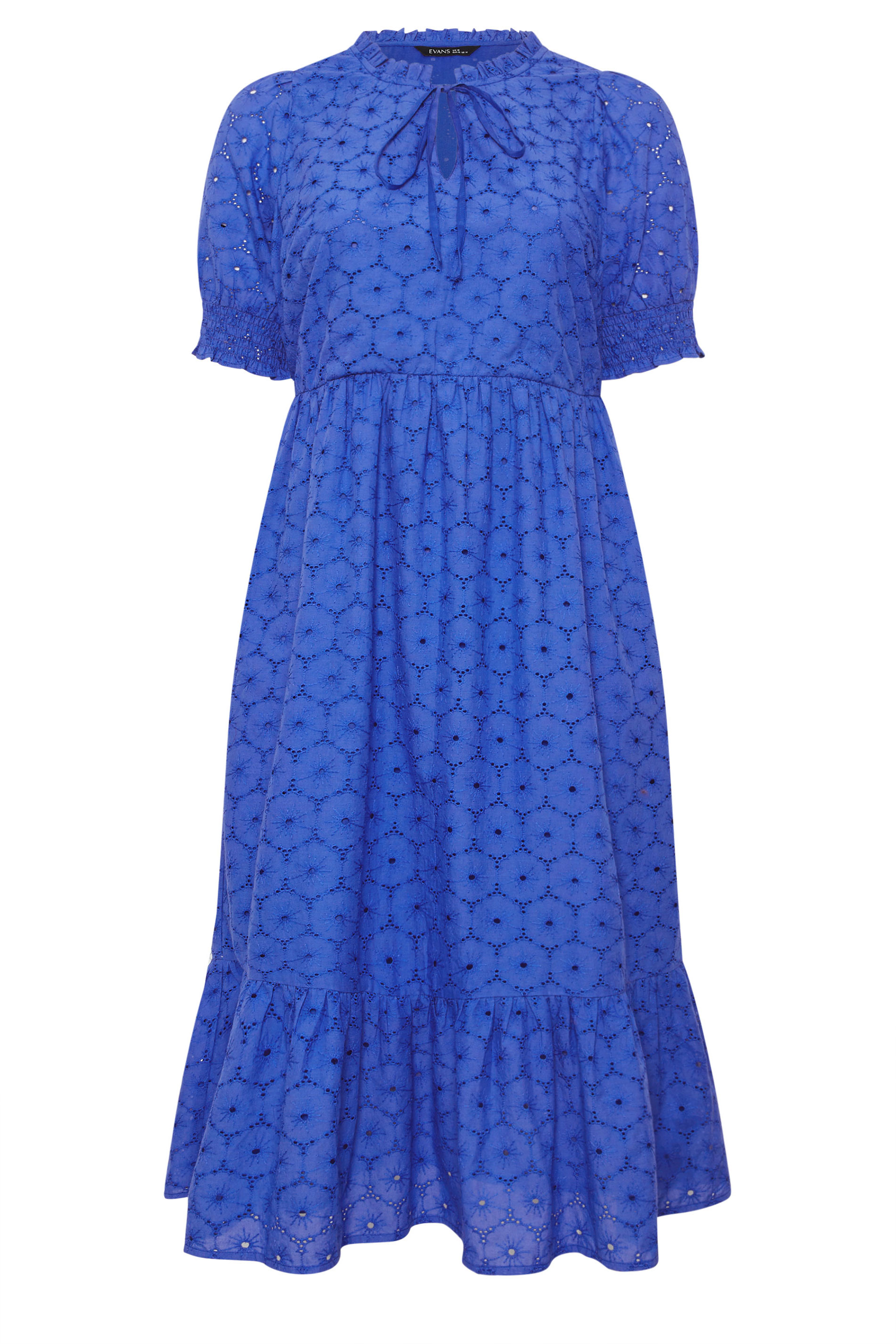 EVANS Plus Size Blue Tie Neck Broderie Cotton Maxi Dress | Evans 5