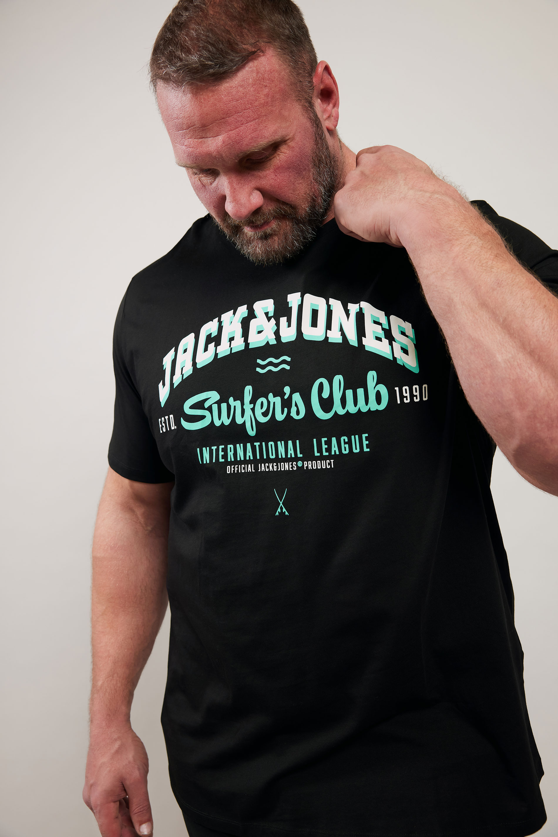 JACK & JONES Big & Tall Black 'Surfer's Club' Printed T-Shirt | BadRhino 3