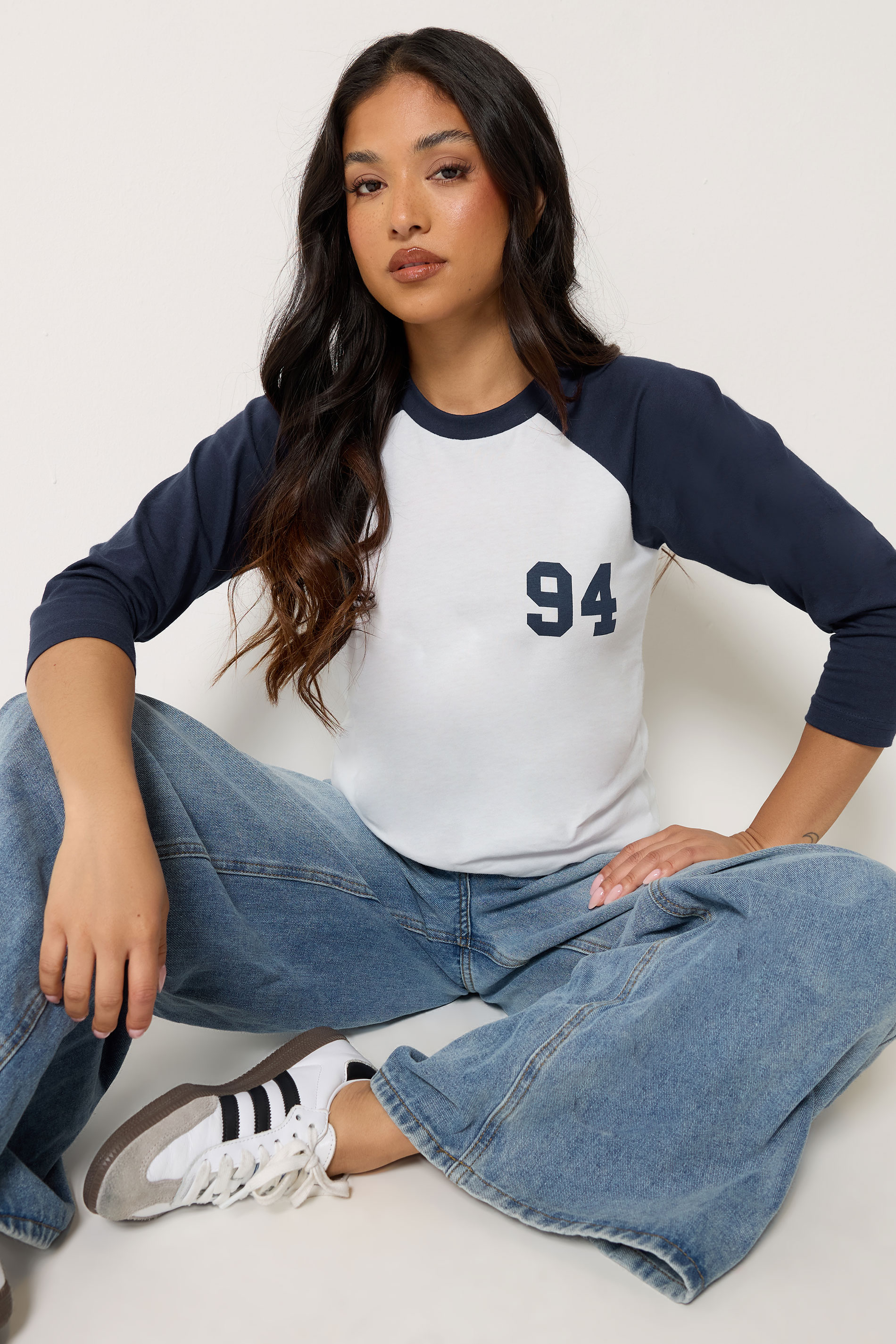PixieGirl Petite Women's Navy Blue '94' Slogan Cotton Raglan T-Shirt | PixieGirl 3