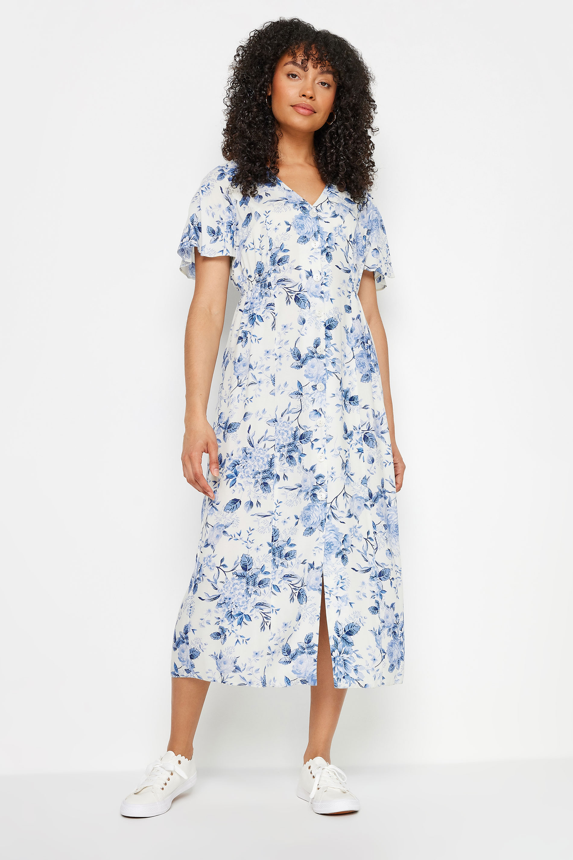 M&Co White & Blue Floral Print Button Through Midi Tea Dress | M&Co 2