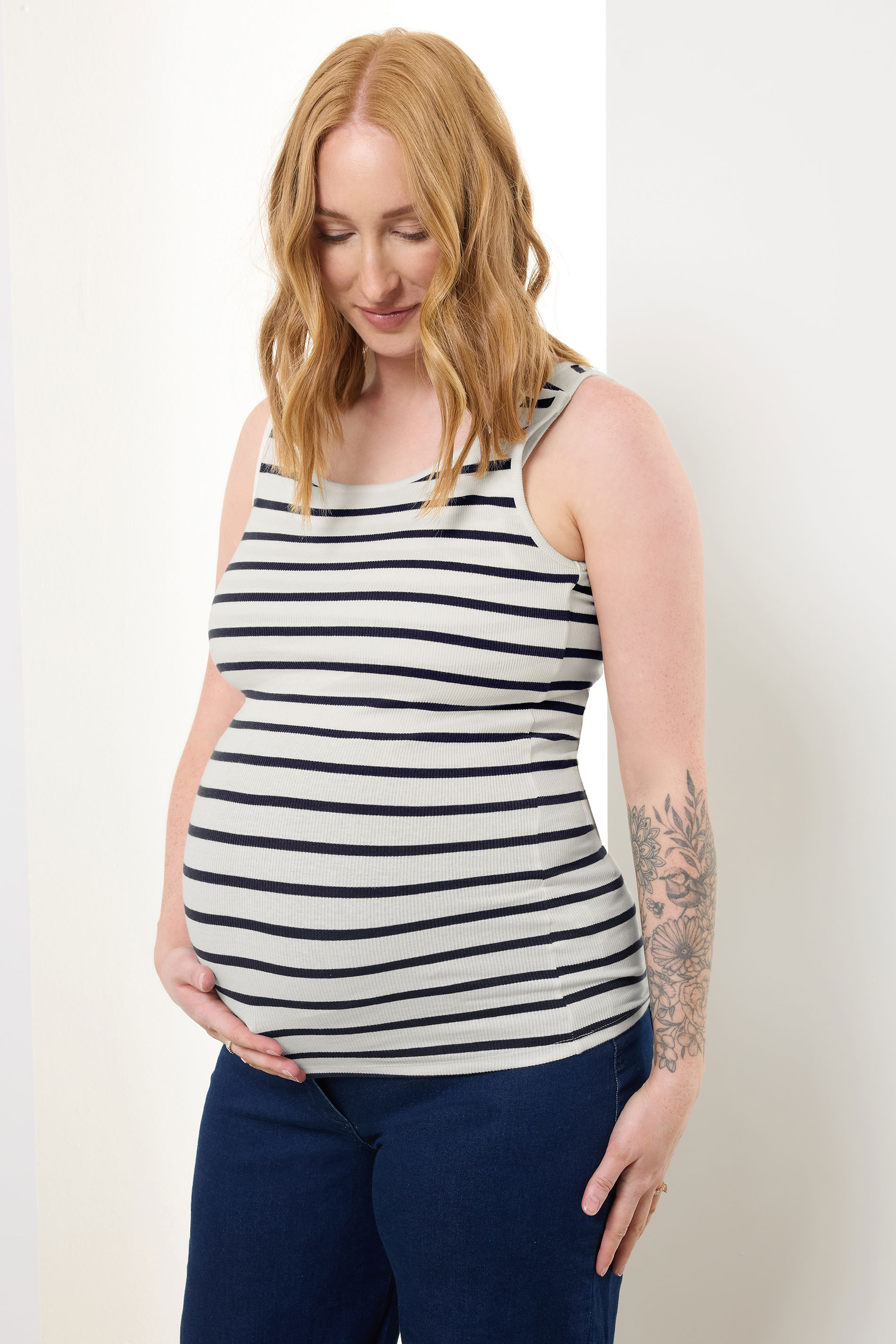 LTS Tall Womens Maternity Ivory White Stripe Popper Fastening Nursing Vest | Long Tall Sally 3