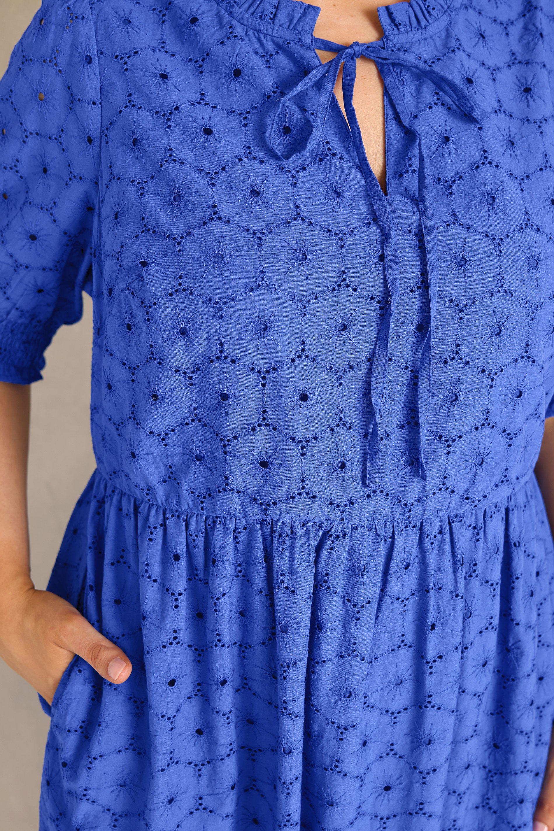 EVANS Plus Size Blue Tie Neck Broderie Cotton Maxi Dress | Evans 4