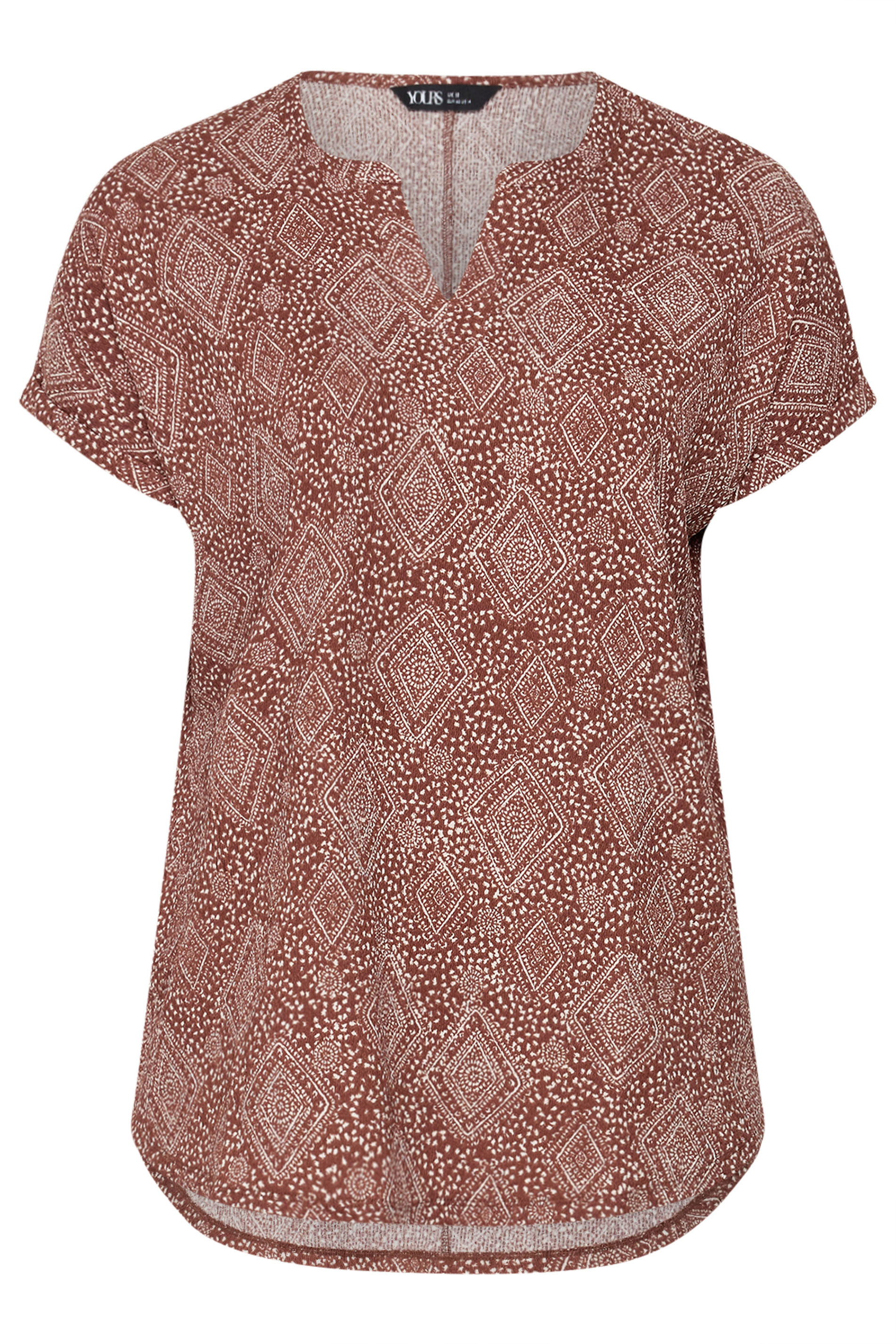 YOURS Plus Size Burnt Orange Diamond Print Notch Neck Top | Yours Clothing 5