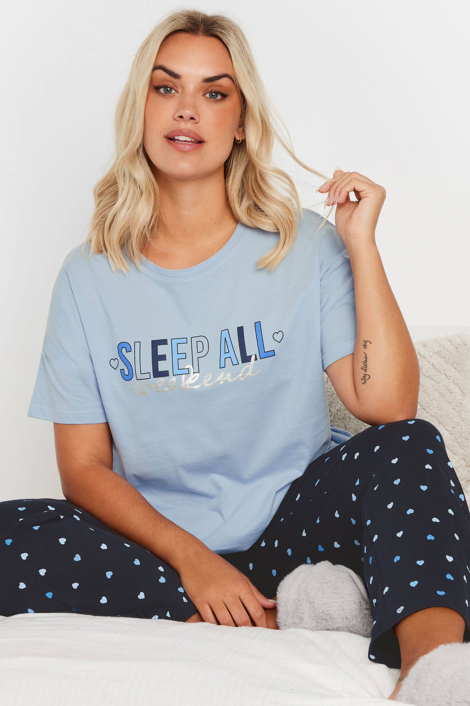 YOURS Plus Size Blue 'Sleep All Weekend' Wide Leg Pyjama Set | Yours Clothing 3