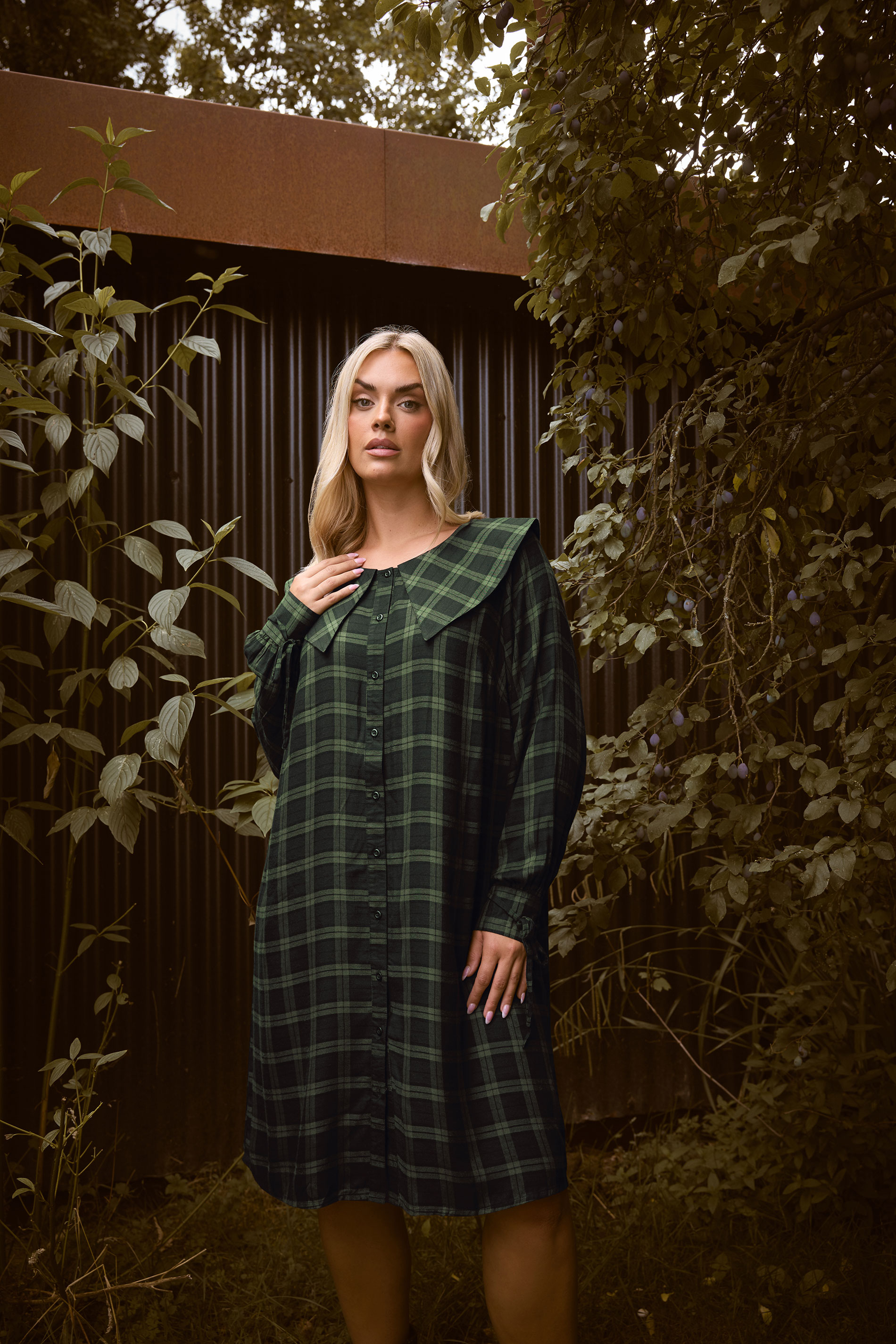 YOURS Plus Size Khaki Green Check Collar Mini Dress | Yours Clothing 1