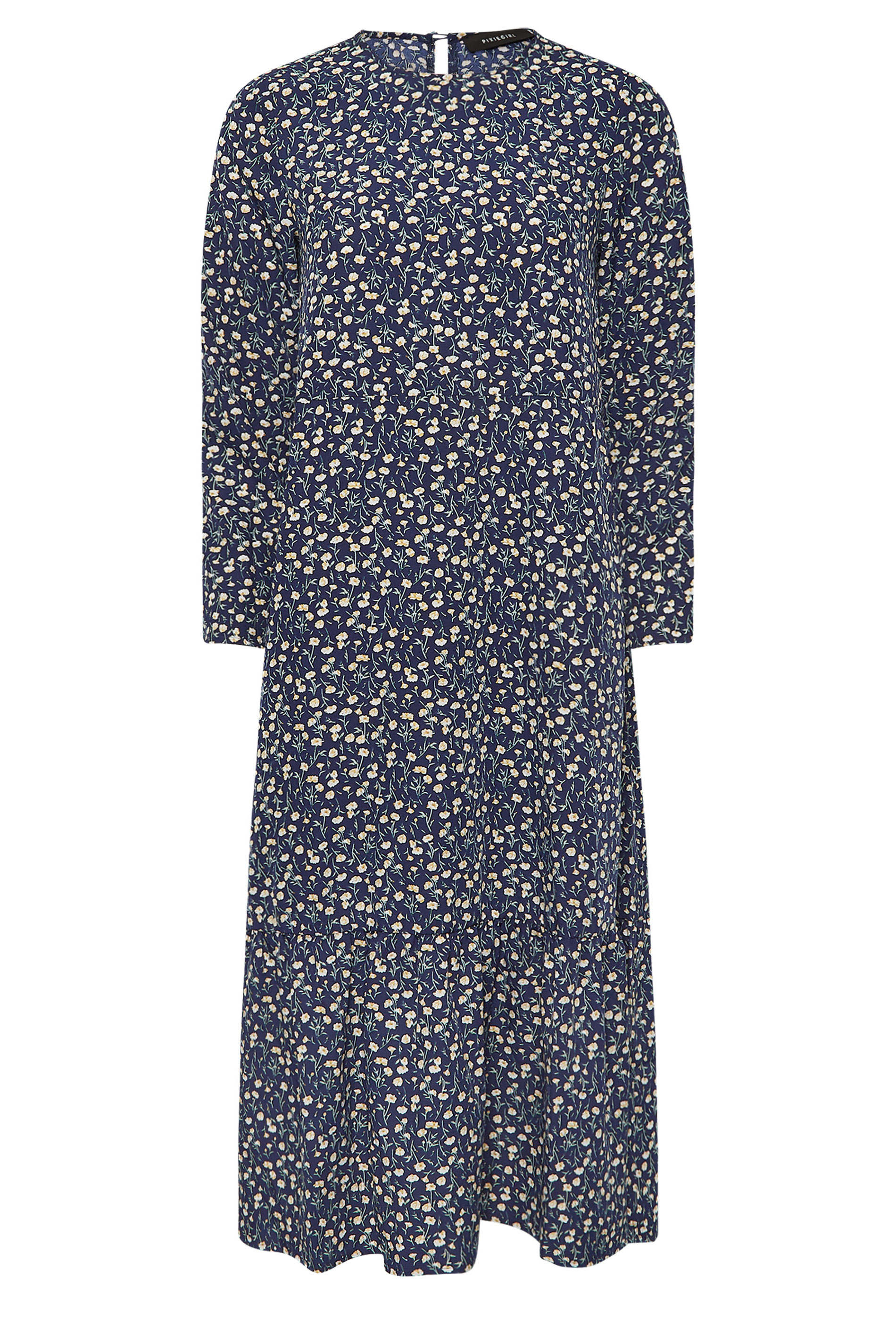 PixieGirl Petite Women's Navy Blue Floral Tiered Maxi Dress | PixieGirl 6