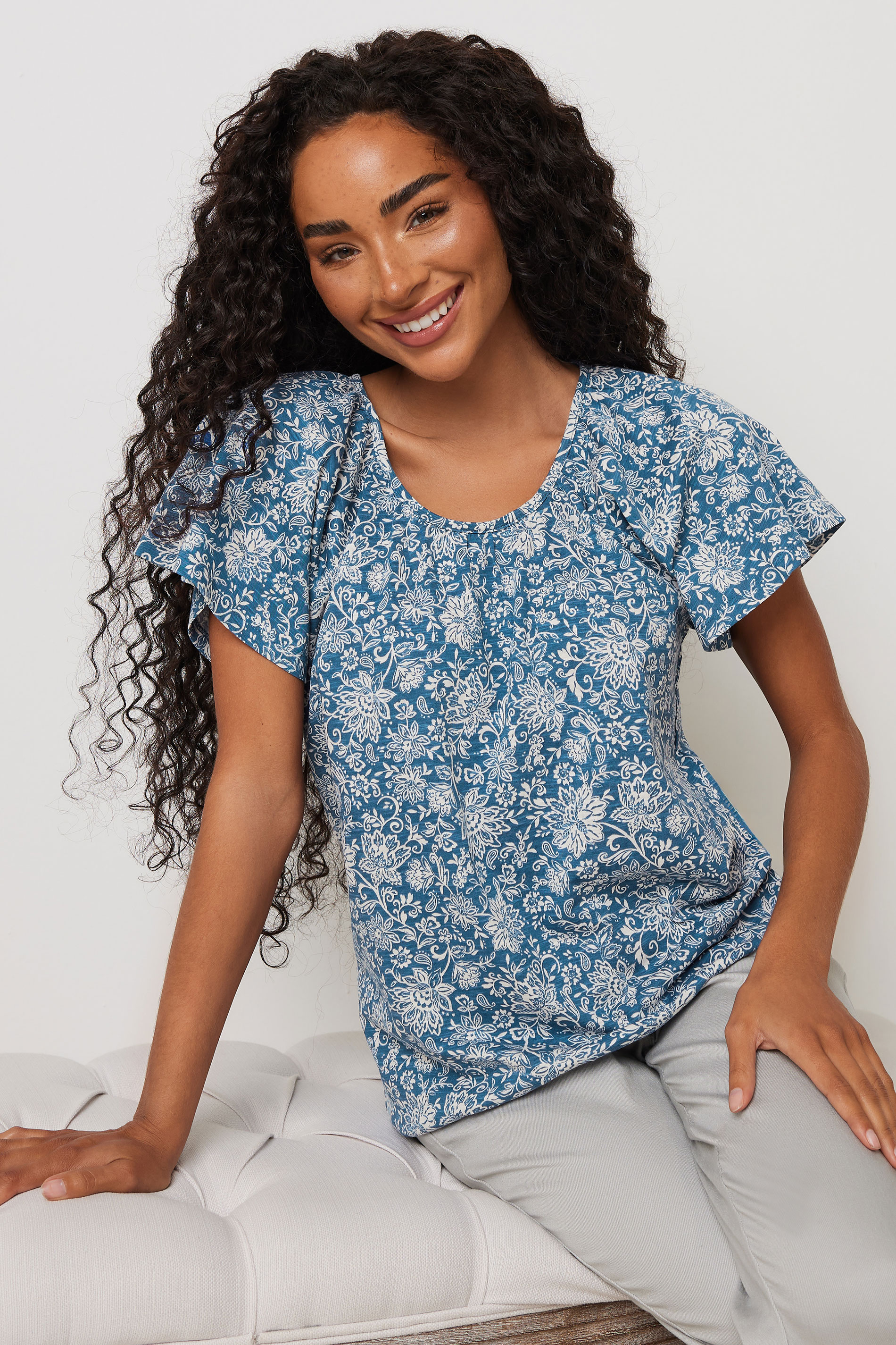 M&Co Petite Blue Floral Print Cotton Scoop Neck T-Shirt | M&Co 3