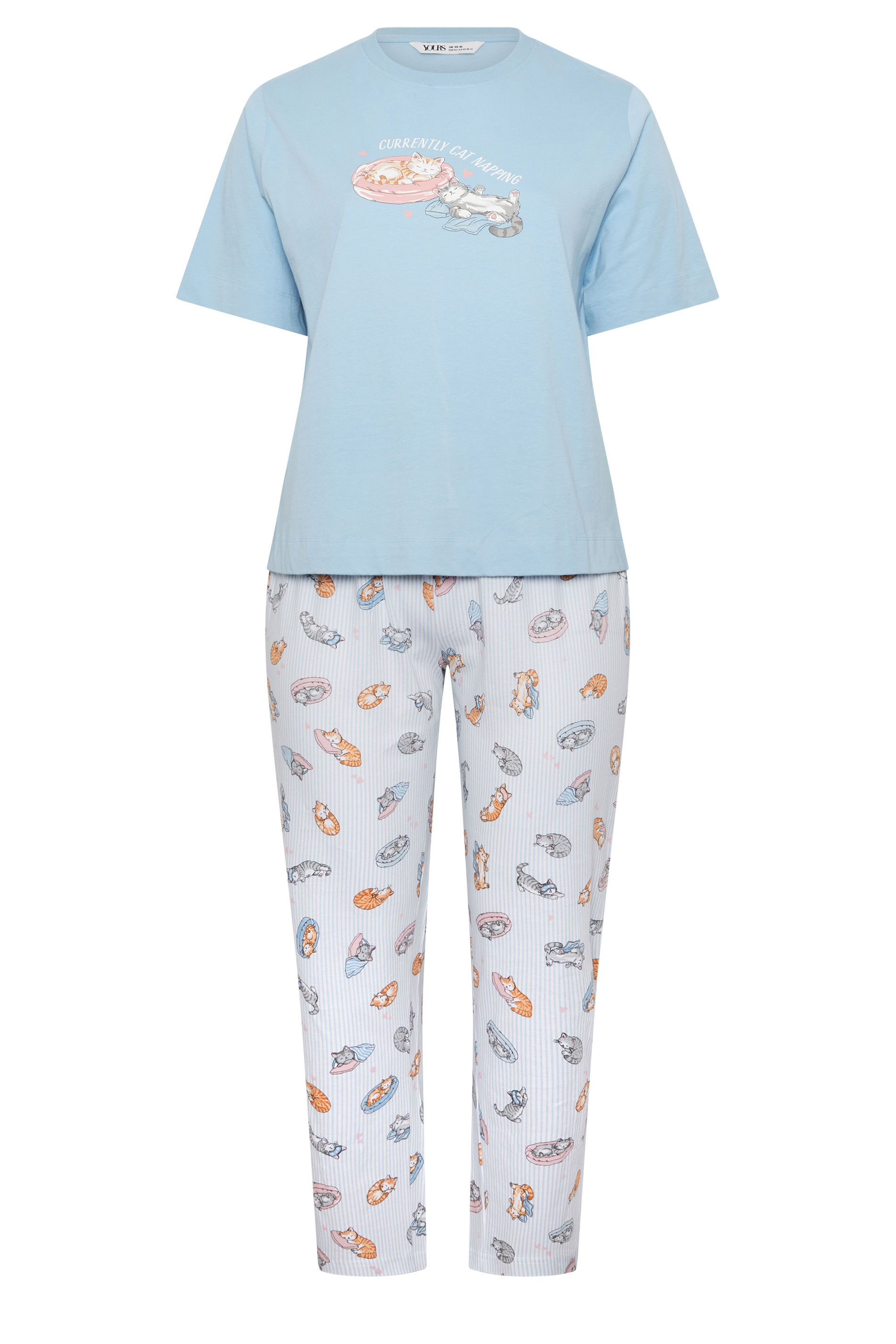 YOURS Plus Size Blue 'Currently Cat Napping' Slogan Wide Leg Pyjama Set | Yours Clothing 5