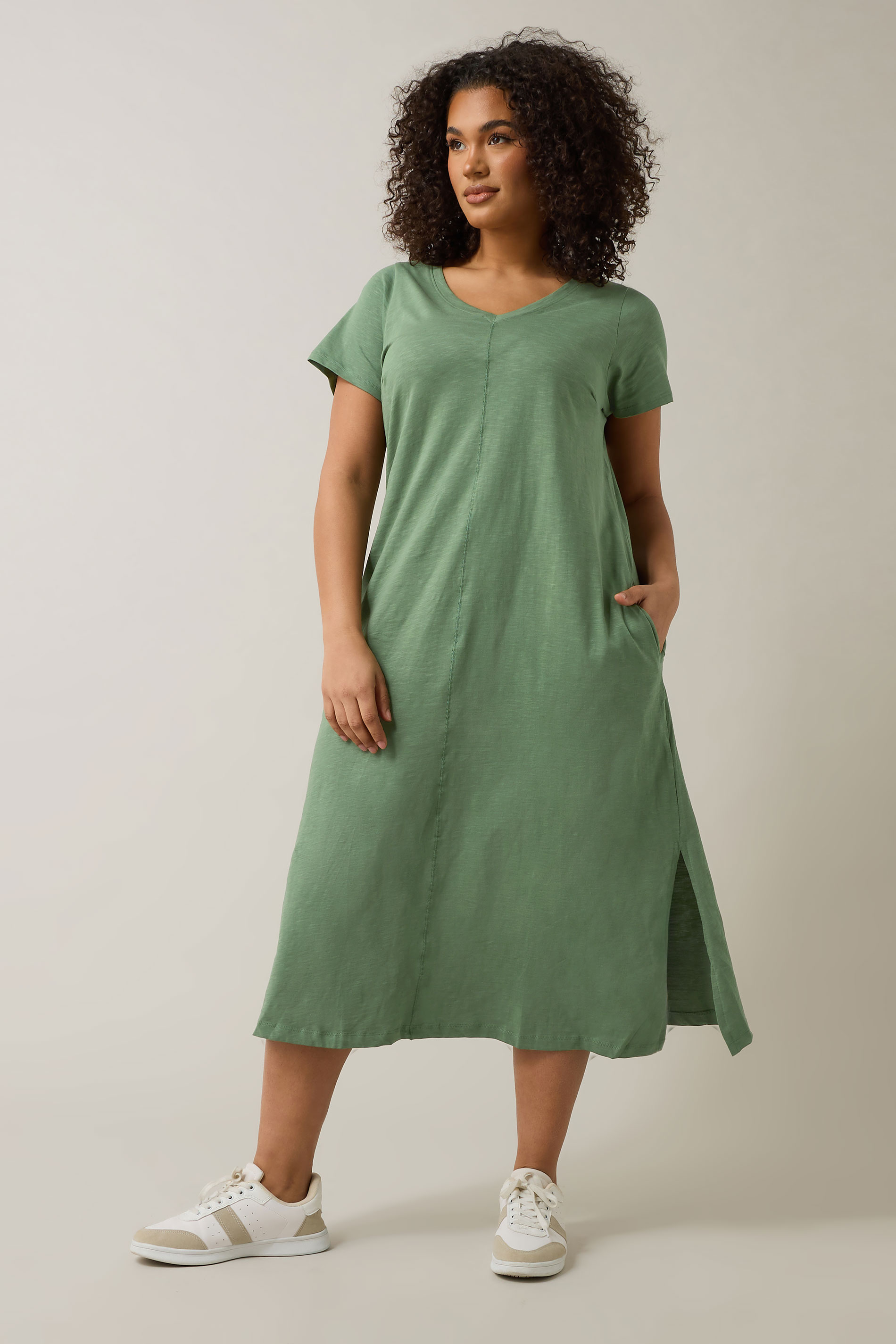 EVANS Plus Size Avocado Green Premium Cotton Dress | Evans 3