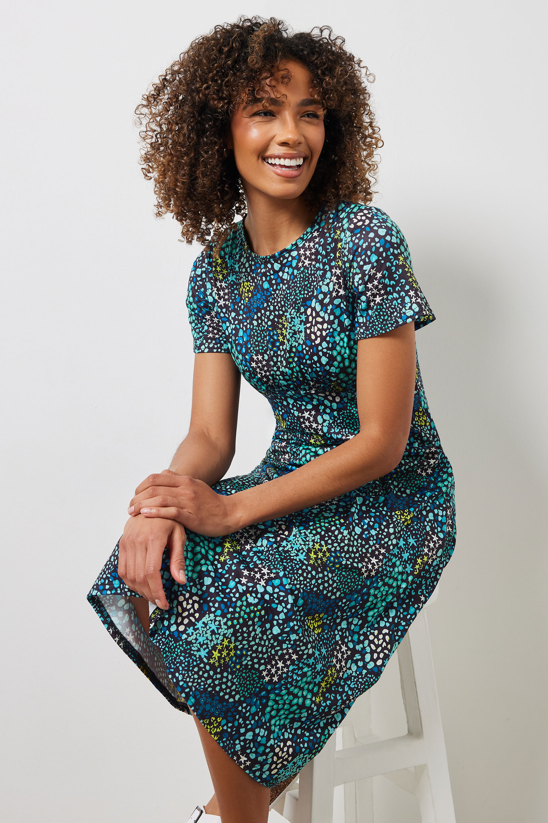 M&Co Blue Mixed Print Short Sleeve Midi Dress | M&Co 1