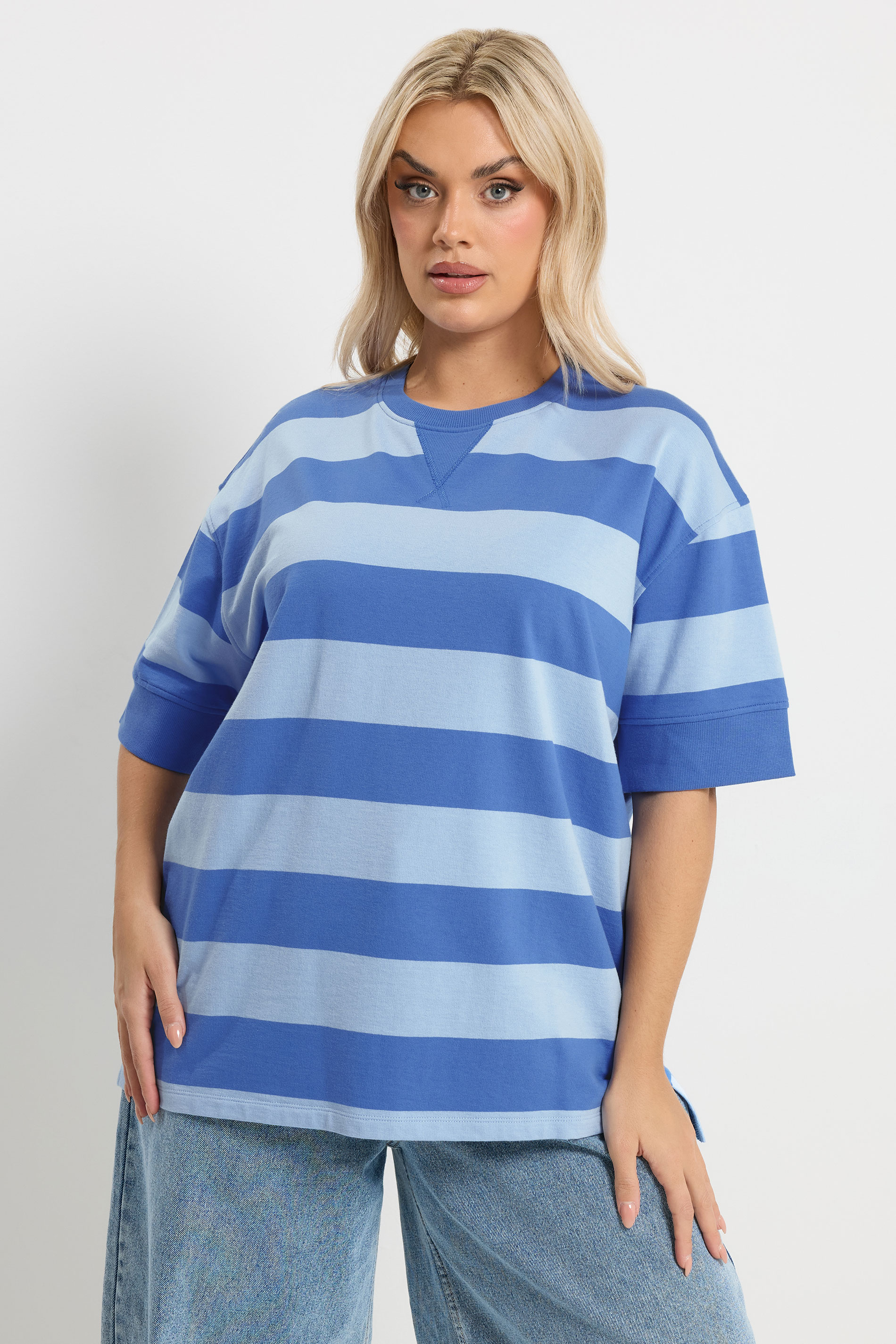 YOURS Plus Size Blue Stripe Heavyweight T-Shirt | Yours Clothing 3