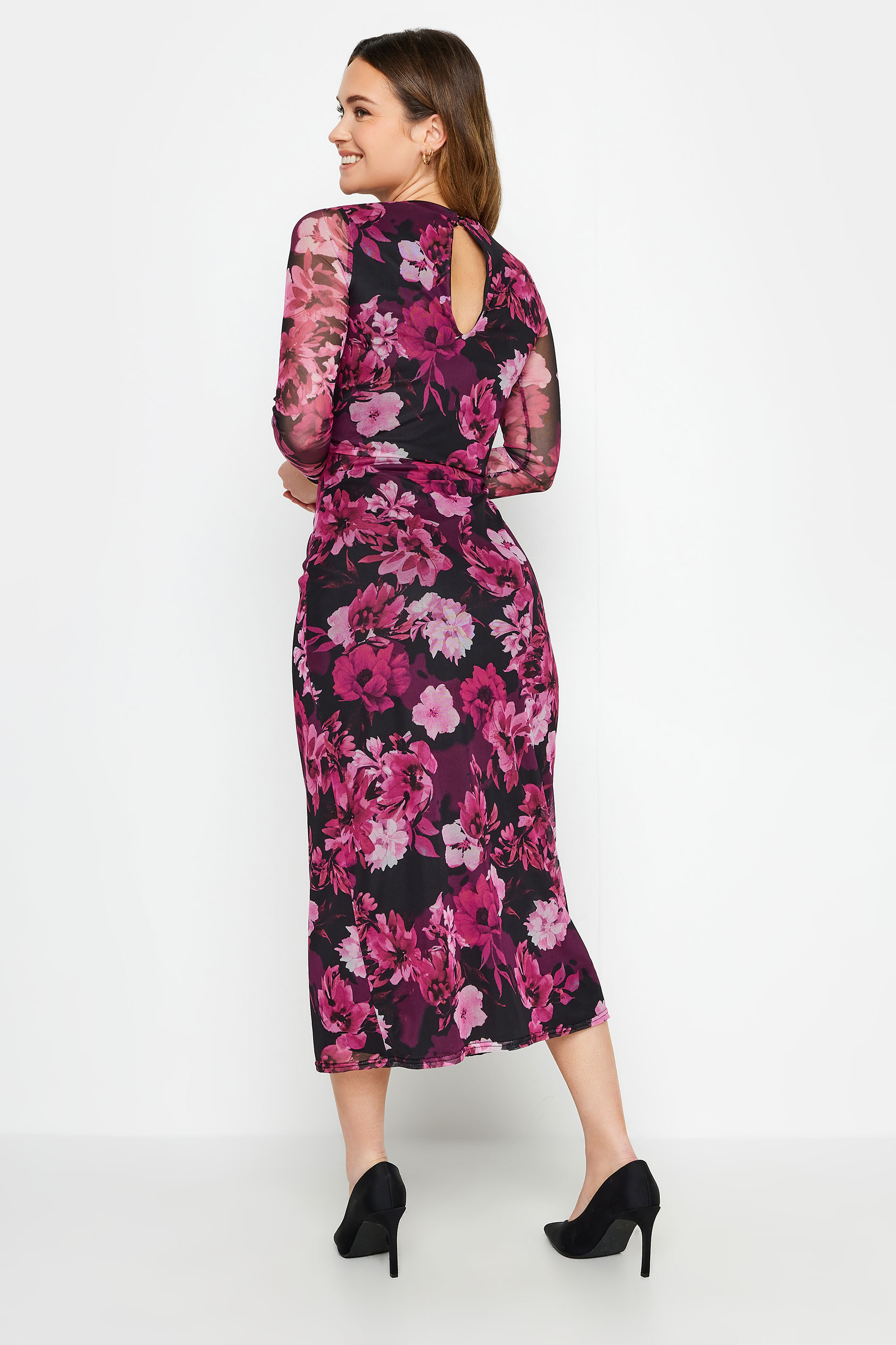 M&Co Petite Pink Floral Mesh Midi Dress | M&Co 3