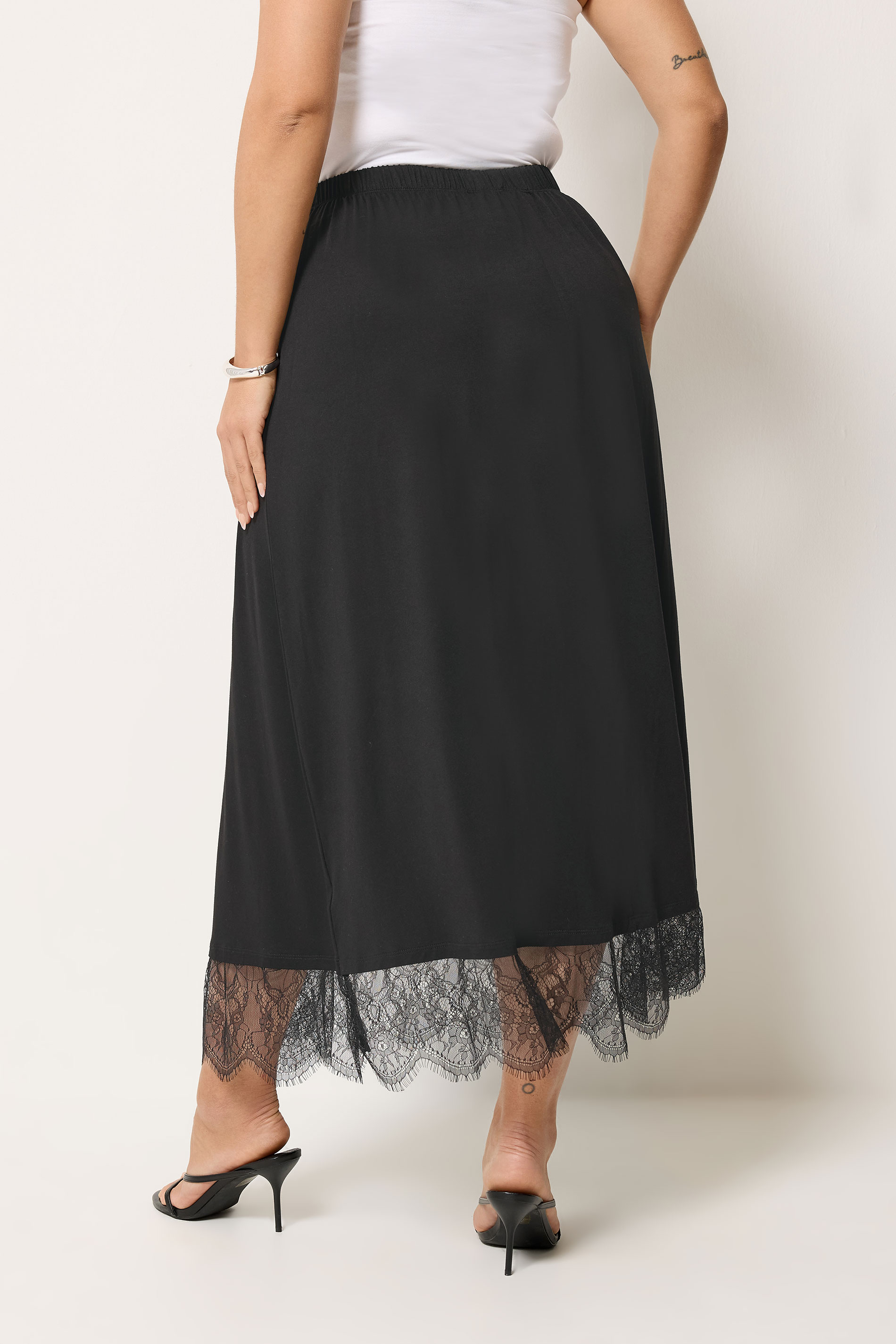 YOURS Plus Size Black Lace Trim Gathered Skirt | Yours Clothing 4