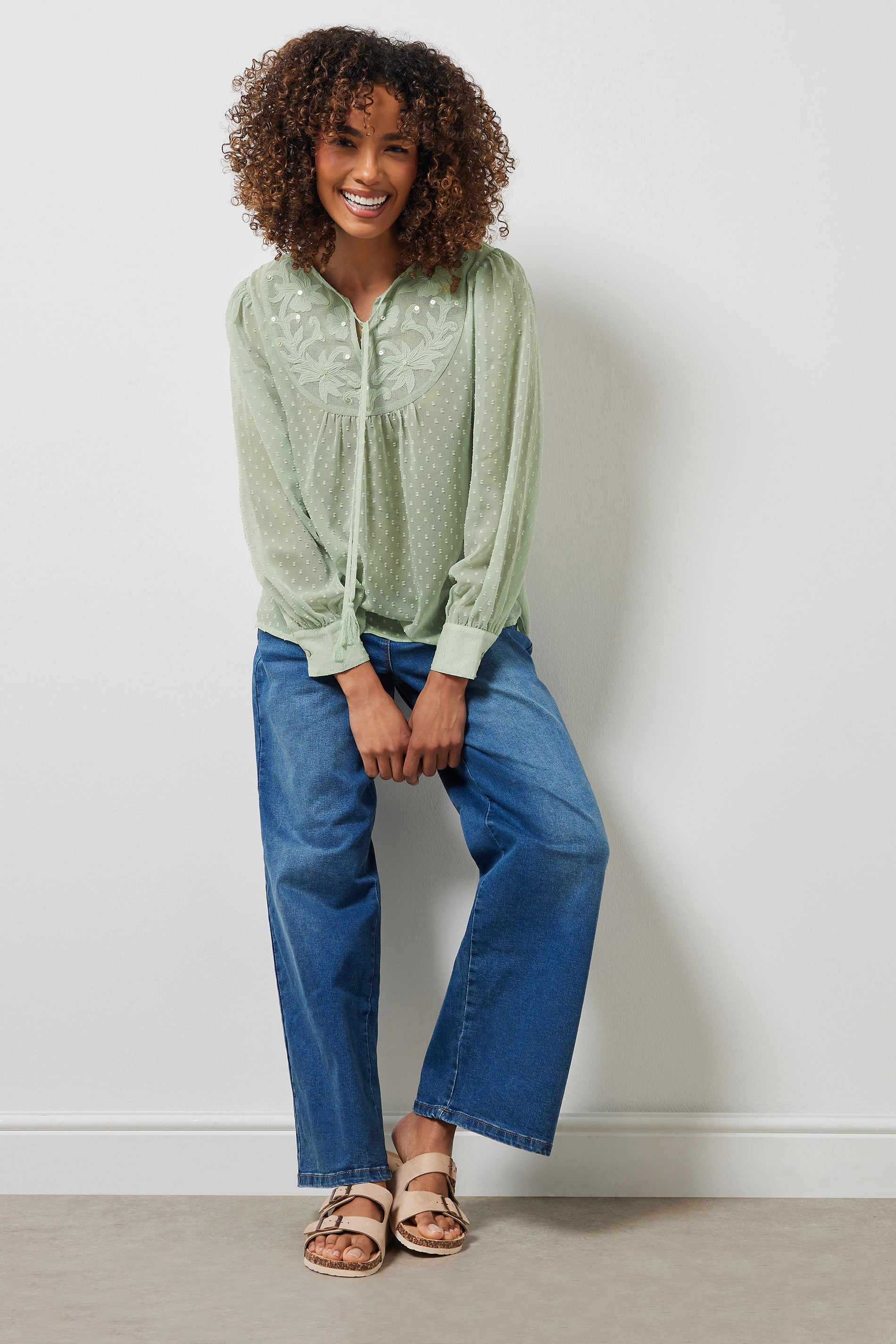 M&Co Sage Green Embroidered Dobby Tie Neck Blouse | M&Co 2