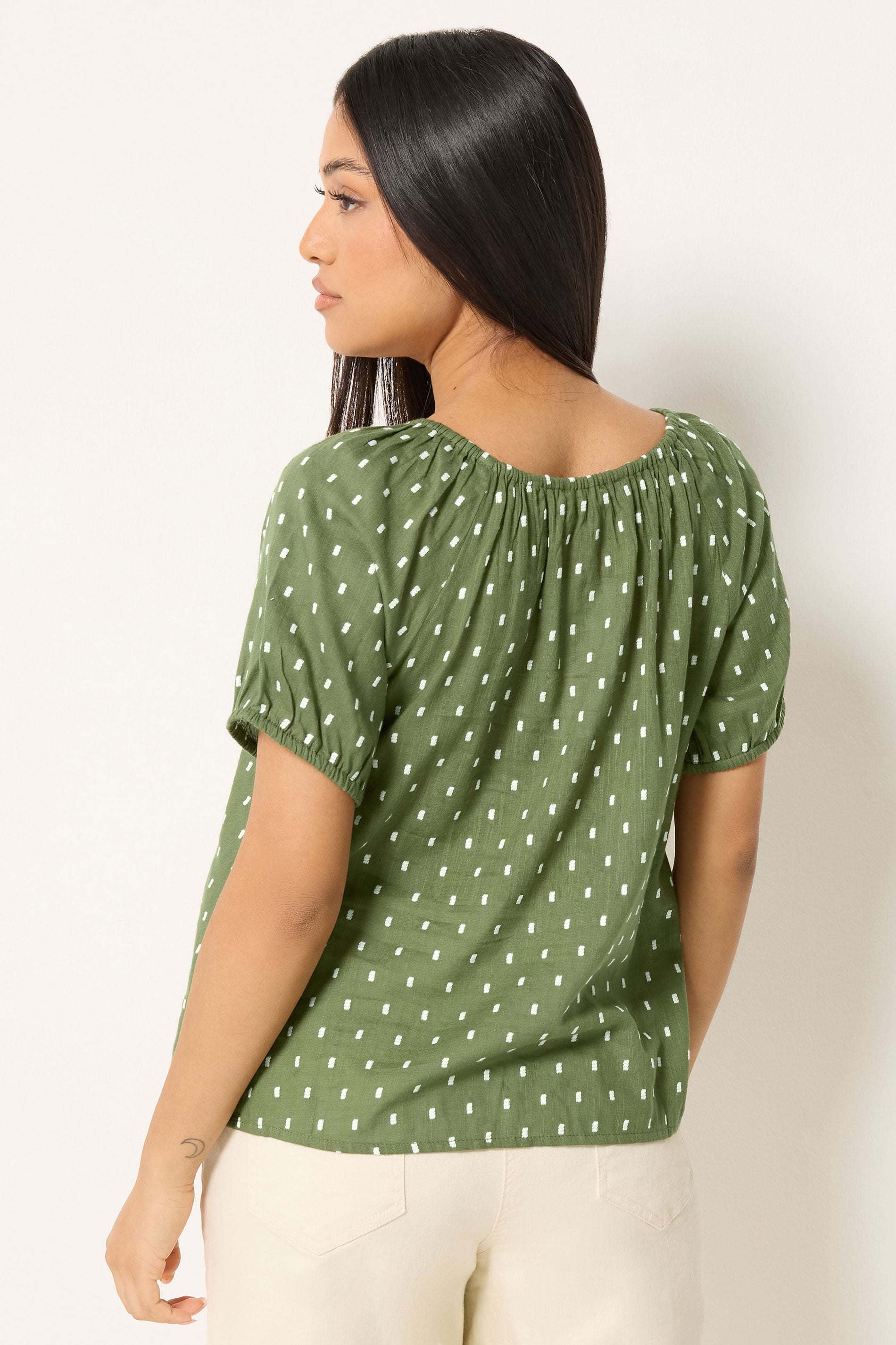 M&Co Petite Khaki Green Dobby Button Up Cotton Blouse | M&Co 2