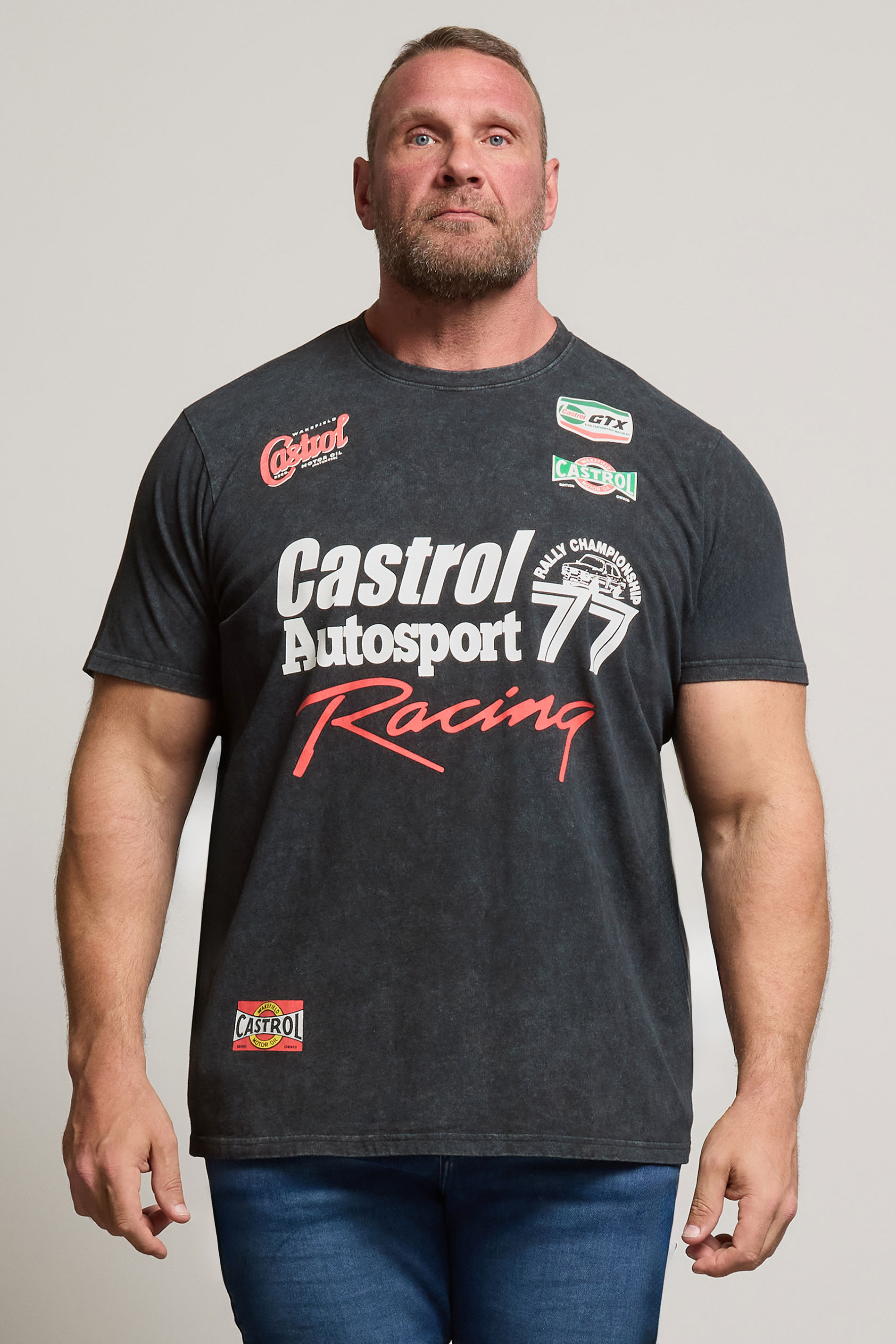 BadRhino Big & Tall Black Acid Wash Printed 'Castrol' T-Shirt | BadRhino 3