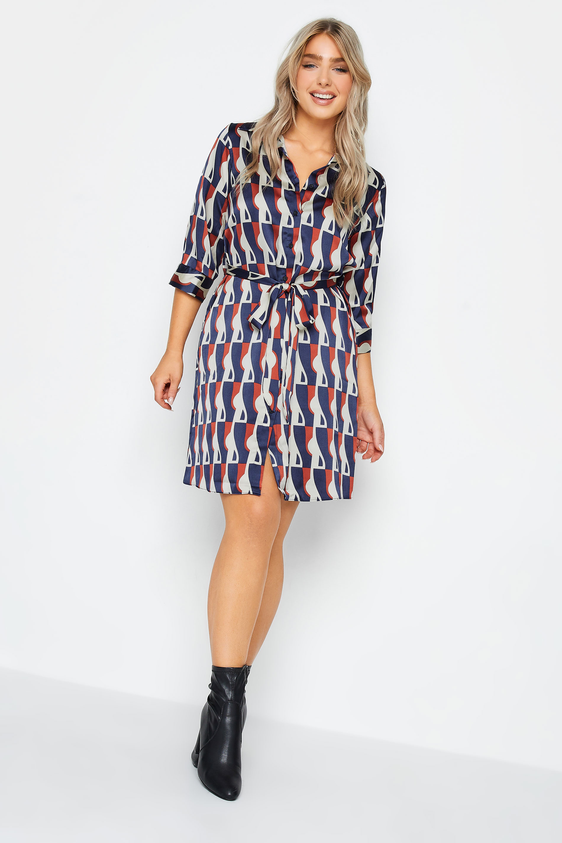 M&Co Blue Geometric Print Satin Shirt Dress | M&Co 2