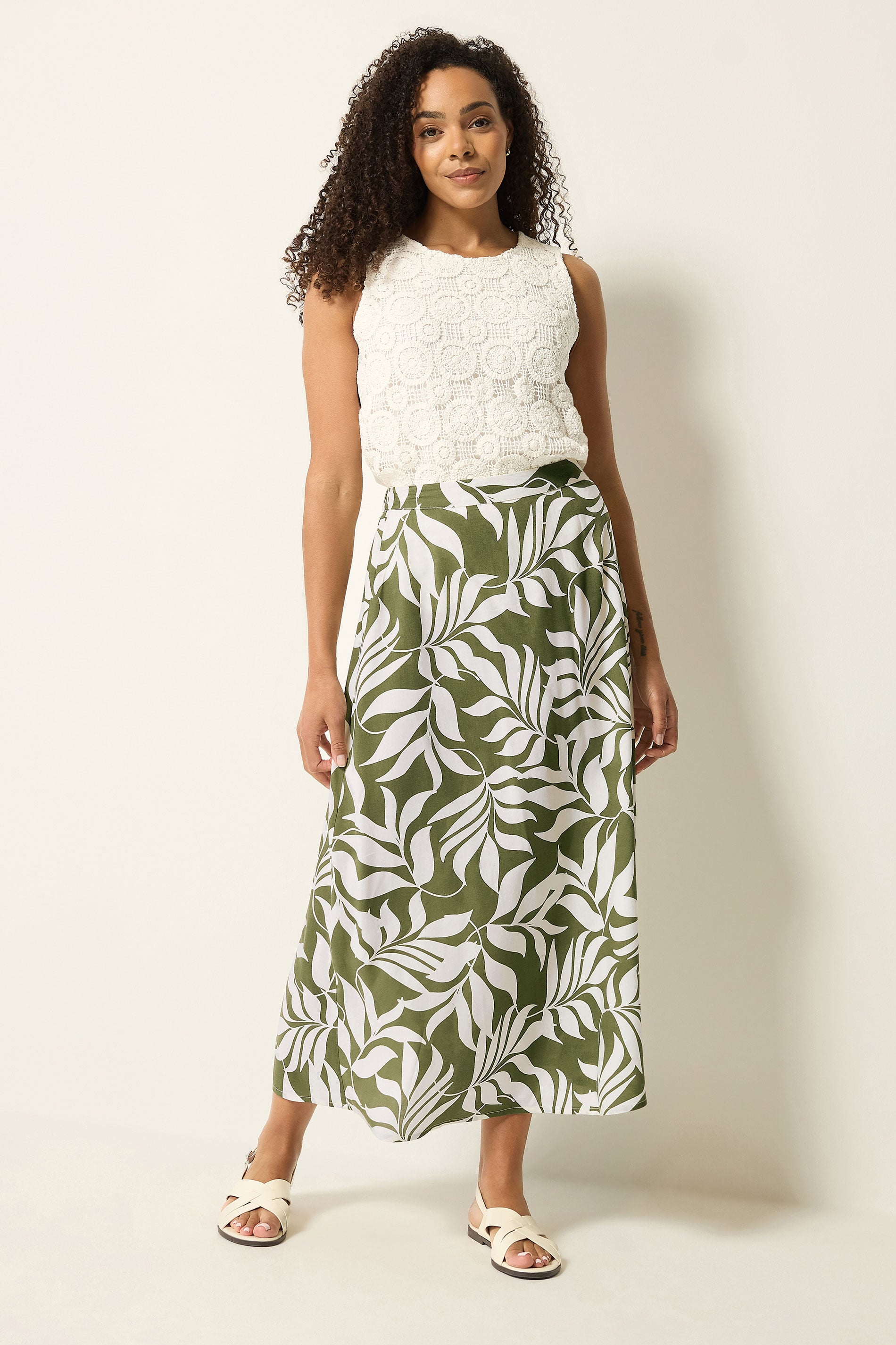 M&Co Khaki Green Leaf Print Midi Skirt | M&Co 1