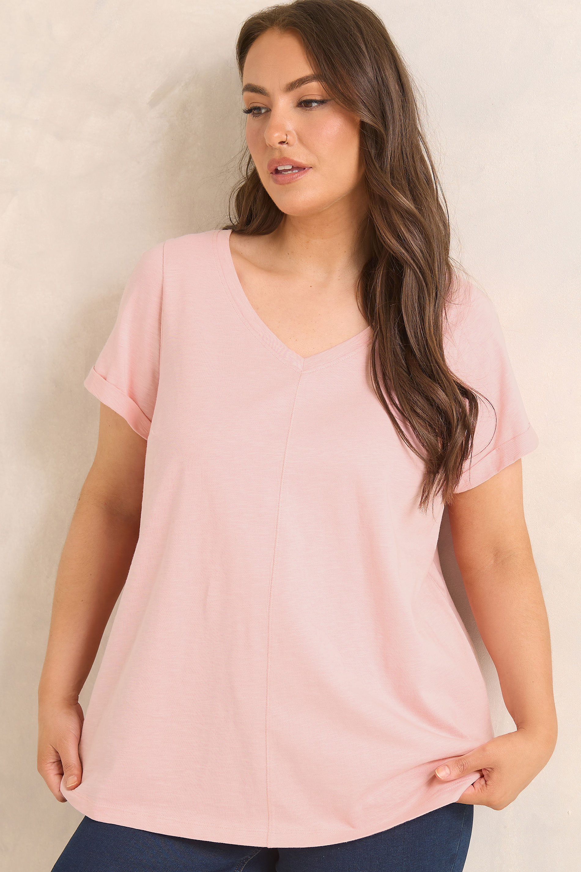EVANS Plus Size Blush Pink V-Neck Cotton T-Shirt | Evans 3