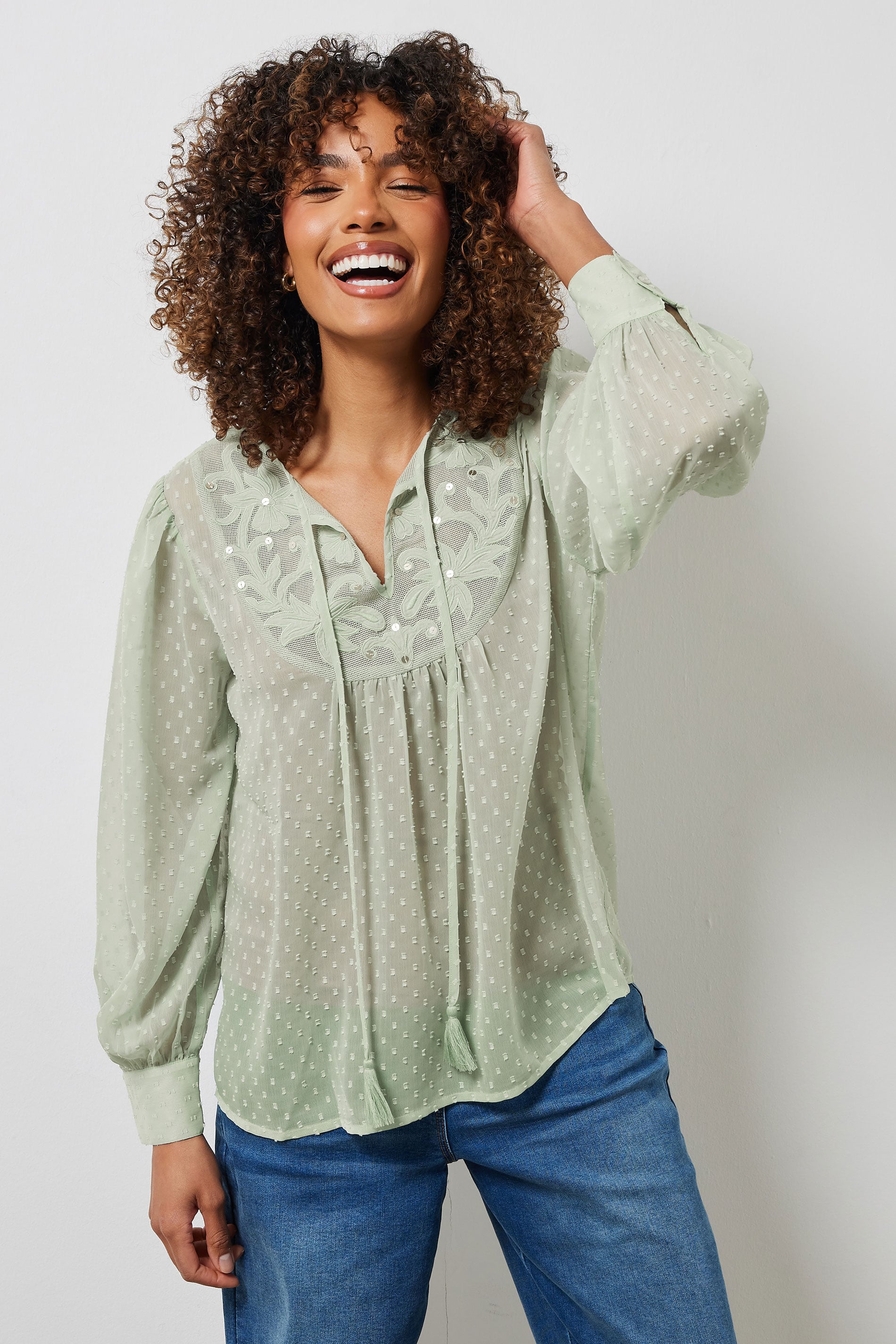 M&Co Sage Green Embroidered Dobby Tie Neck Blouse | M&Co 4