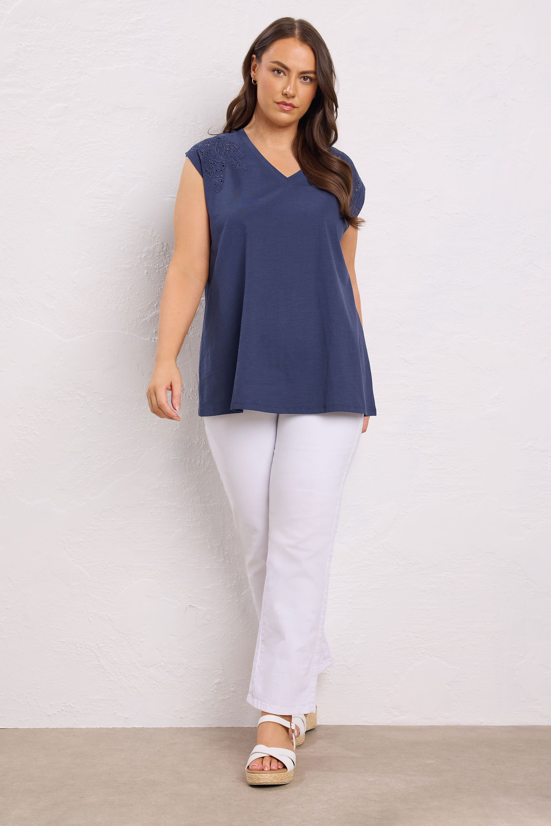 EVANS Plus Size Navy Blue Broderie Anglaise Vest Top | Evans 1