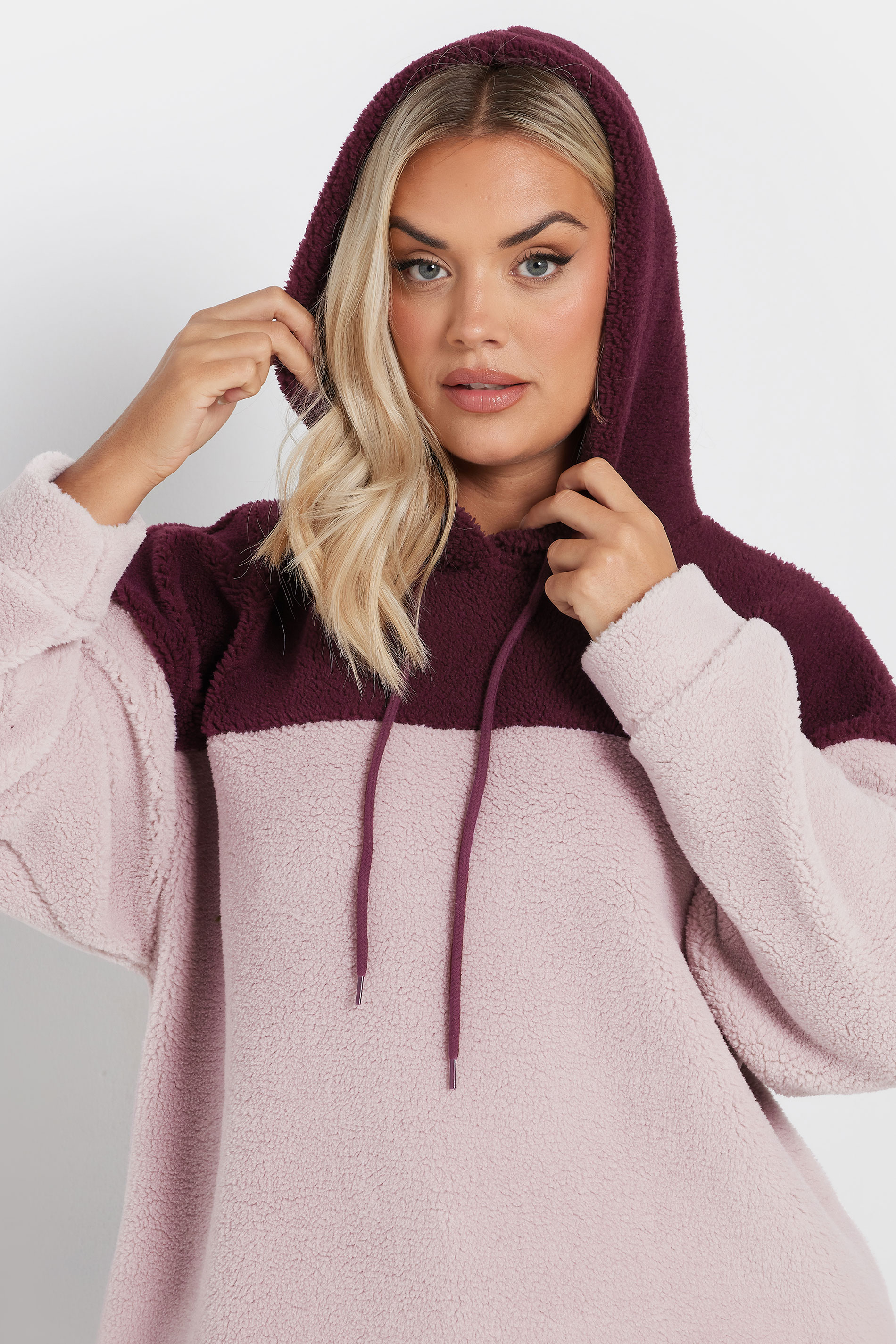 YOURS Plus Size Pink Colour Block Teddy Fleece Hoodie | Yours Clothing 4