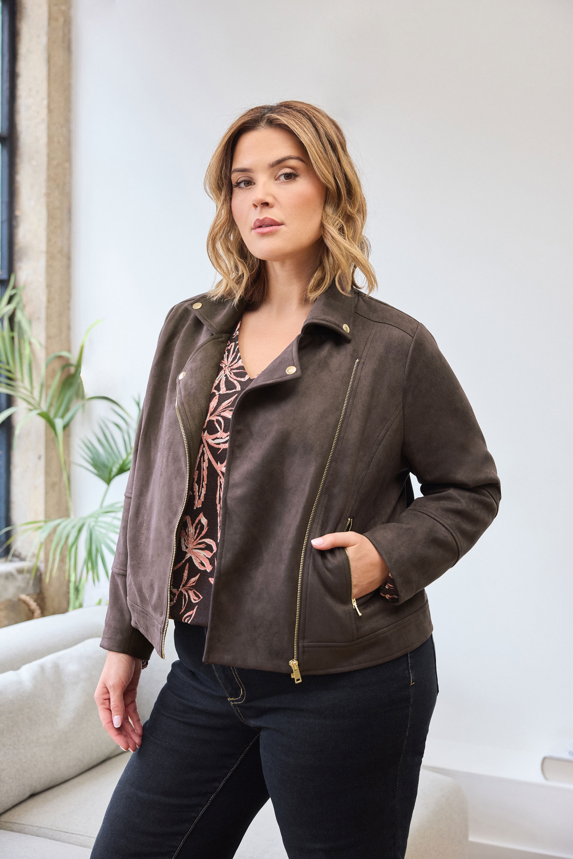EVANS Plus Size Chocolate Brown Faux Suede Biker Jacket 1