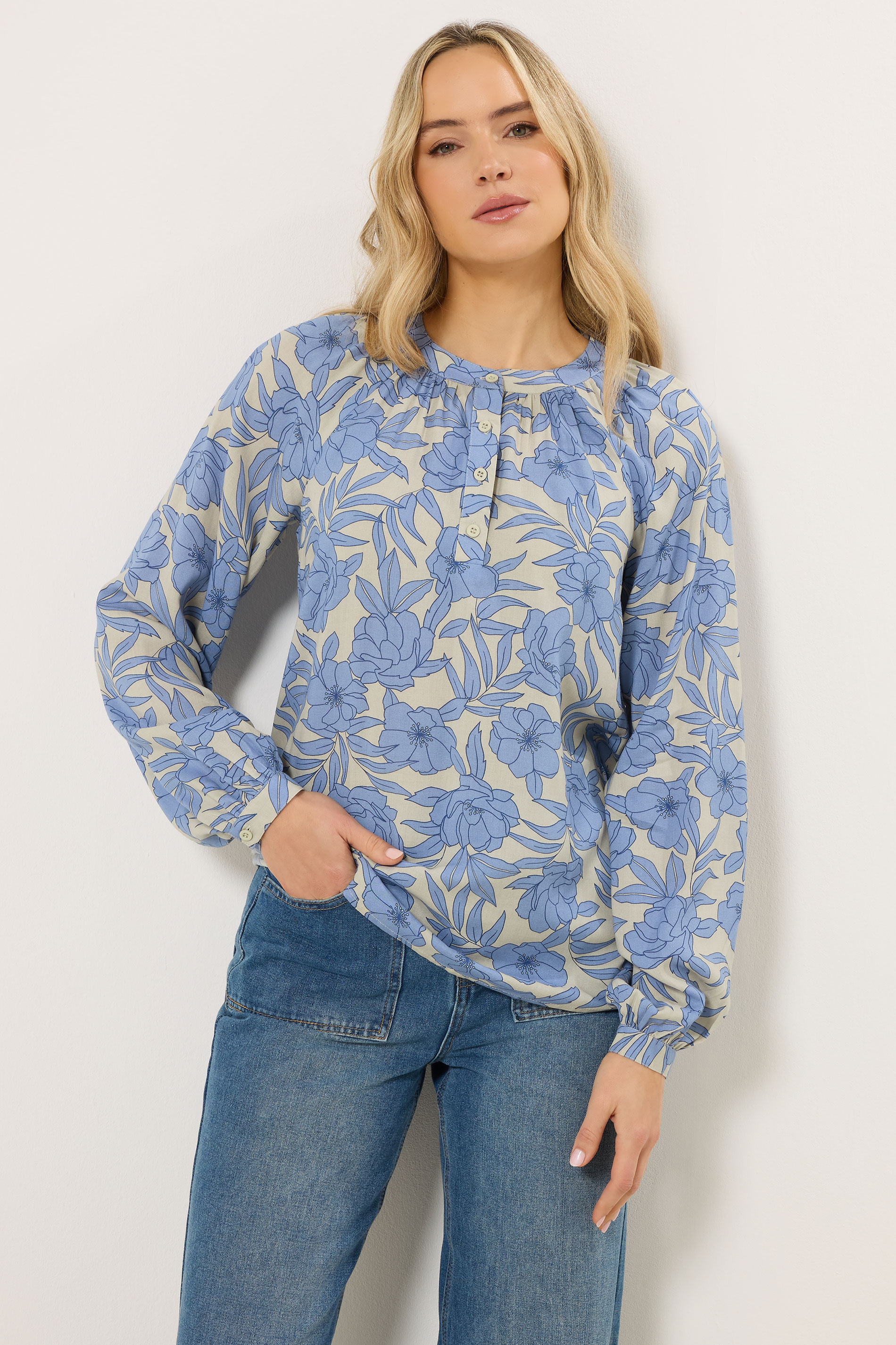 LTS Tall Women's Cream & Blue Placket Raglan Blouse | Long Tall Sally 2