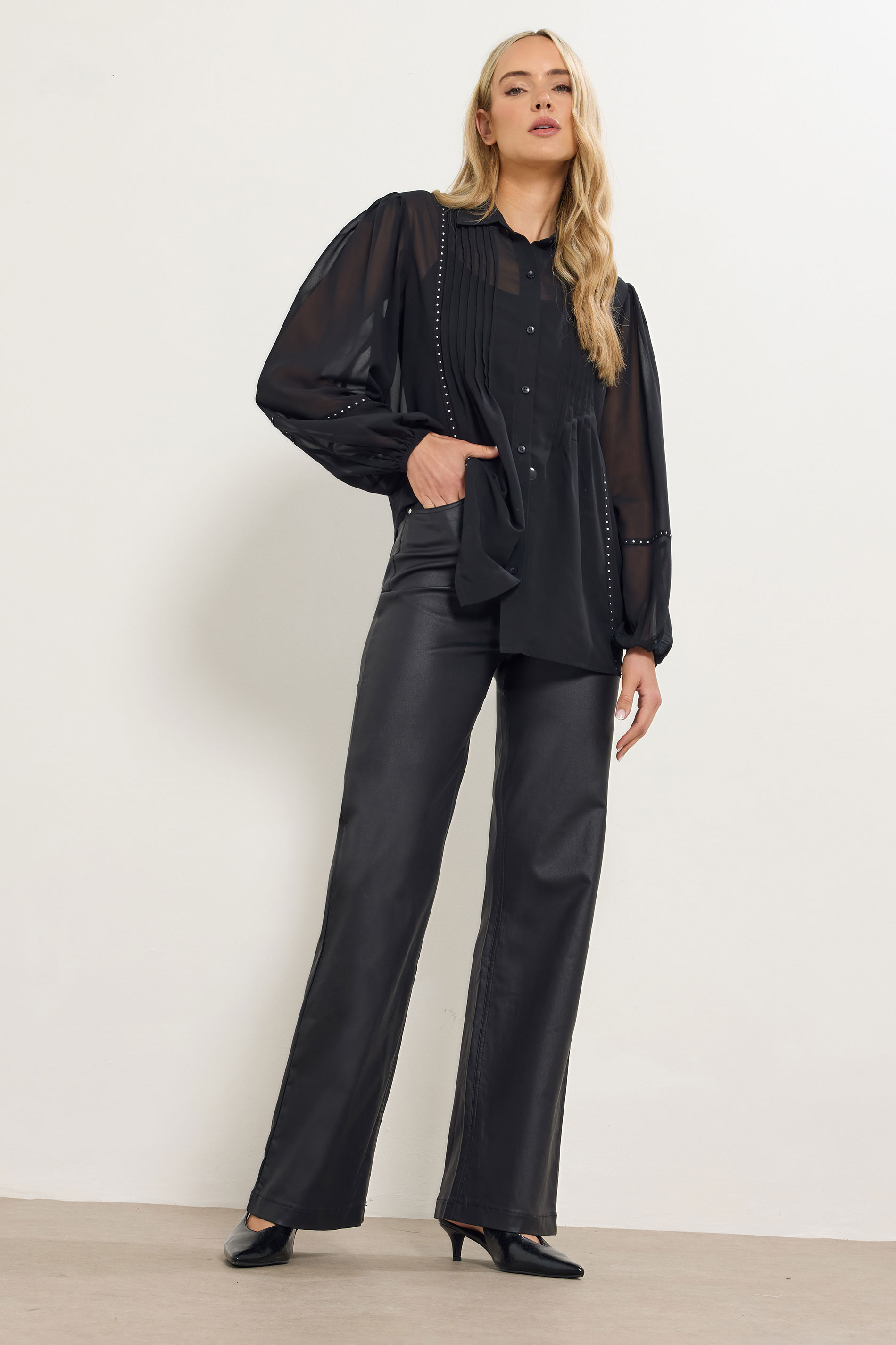 LTS Tall Black Stud Trim Pintuck Shirt | Long Tall Sally 1