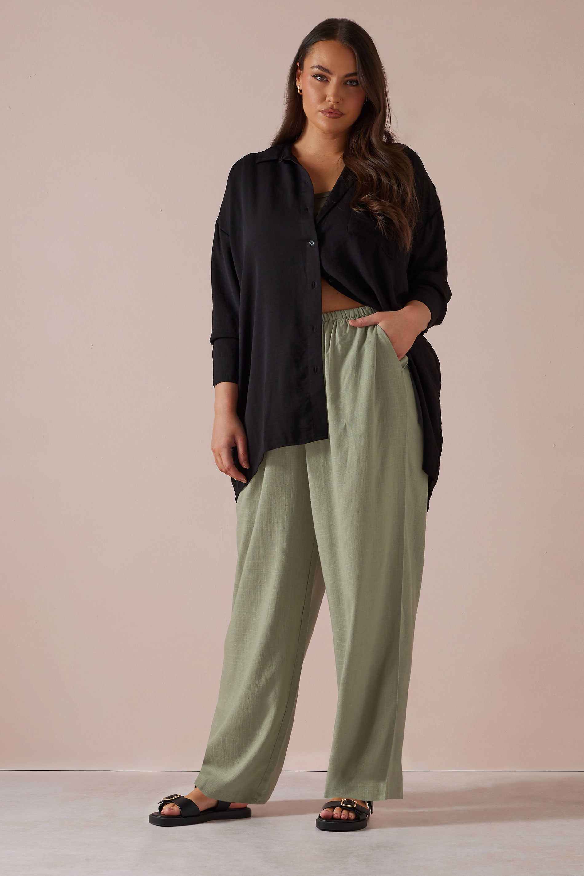 YOURS Plus Size Olive Green Linen Tie Front Trousers | Yours Clothing 2