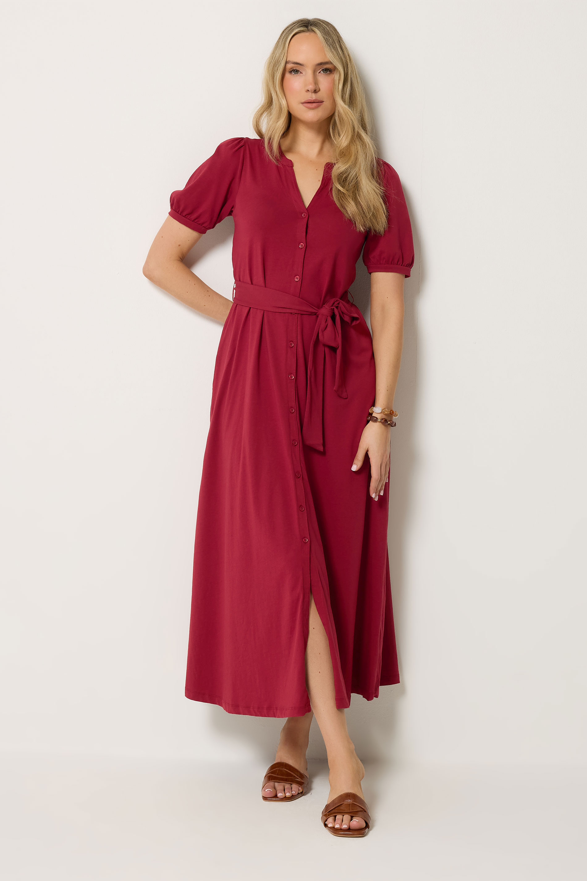 LTS Tall Women's Berry Red Button Belted Cotton Midi Dress | Long Tall Sally  3