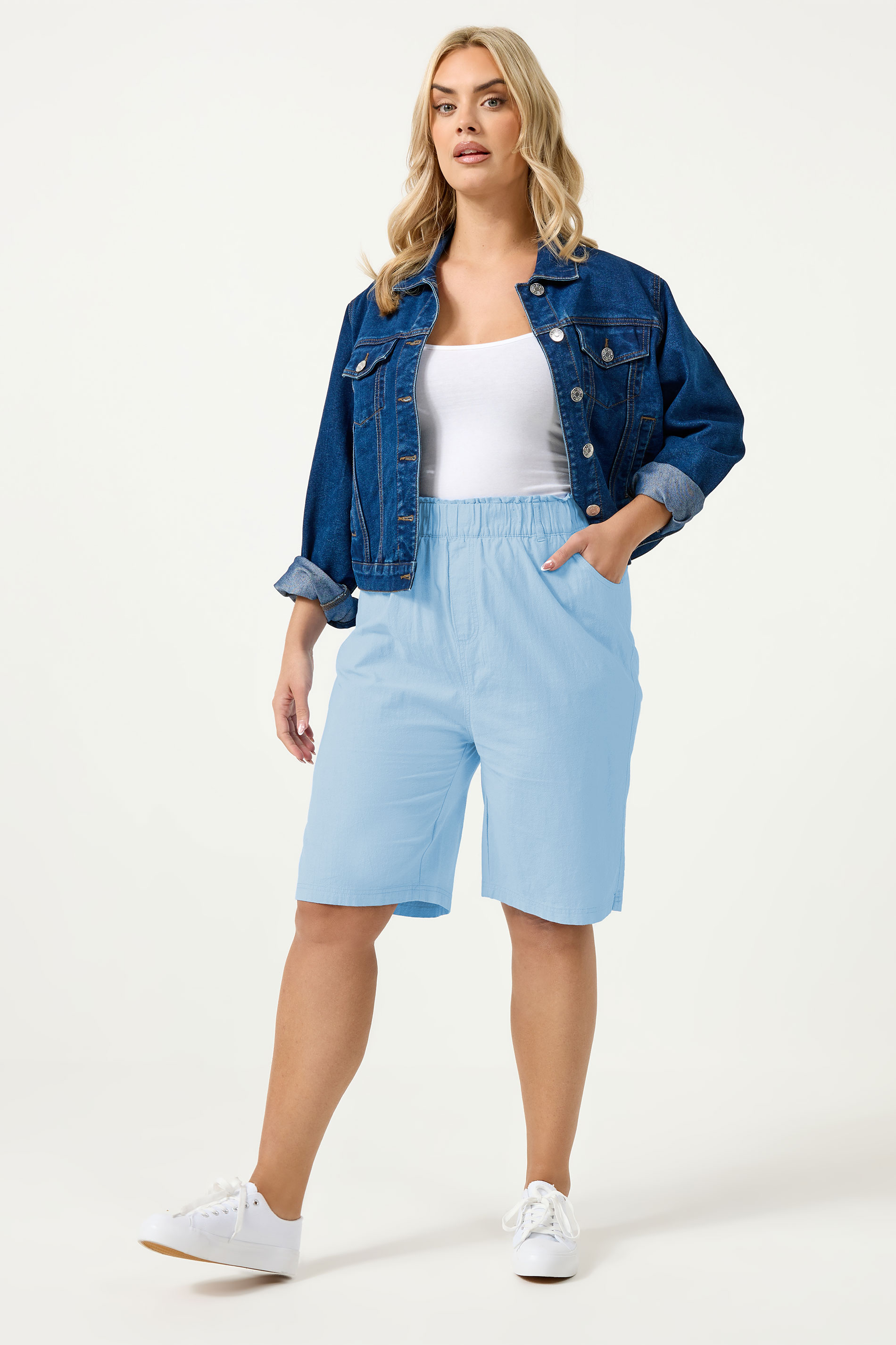 YOURS Plus Size Blue Textured Cotton Shorts | Yours Clothing 1