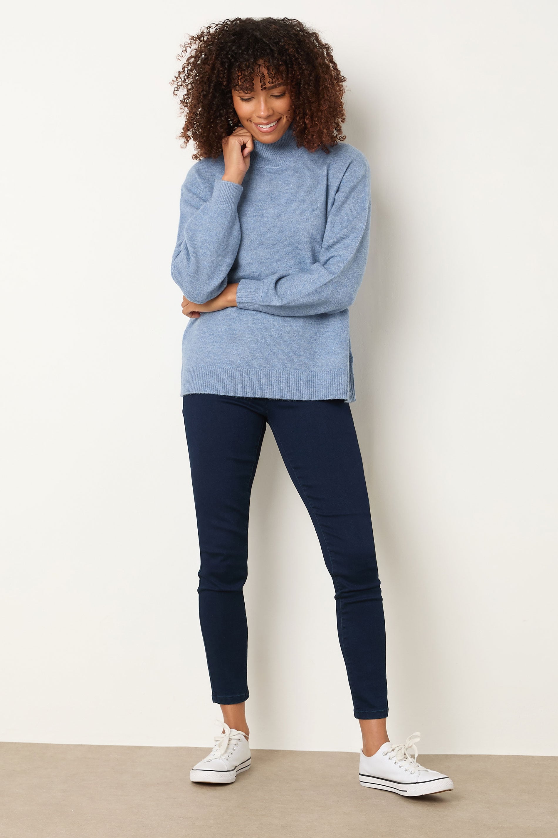M&Co Blue Funnel Neck Balloon Sleeve Jumper | M&Co 2