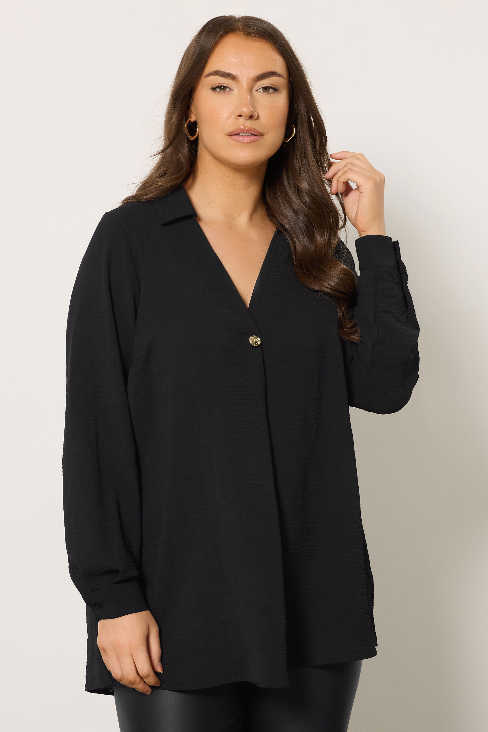 EVANS Plus Size Black Button Detail Pleat Front Blouse | Evans 3