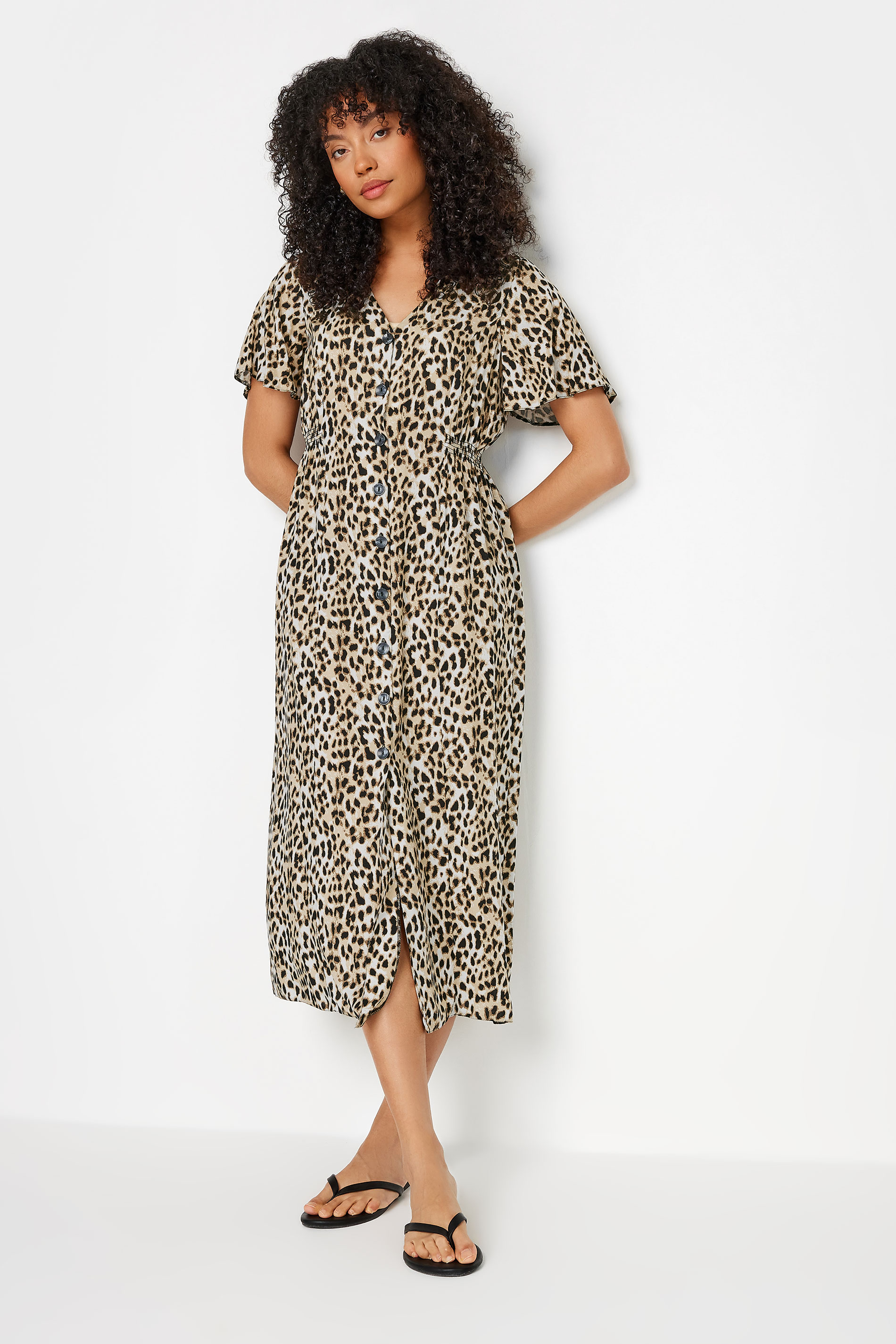 M&Co Natural Brown Leopard Print Button Through Midi Tea Dress | M&Co 2