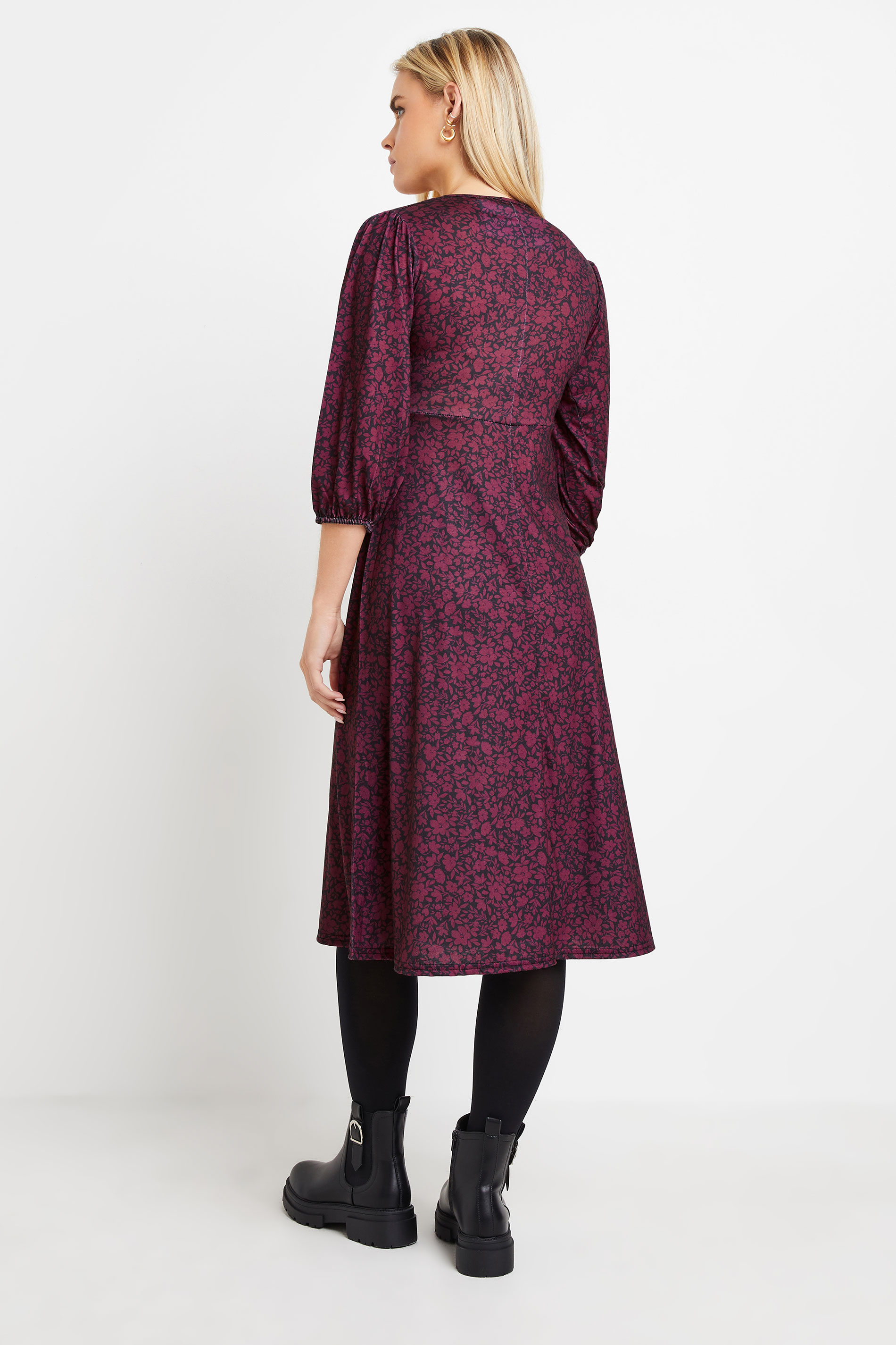 M&Co Petite Berry Red 3/4 Sleeve Floral Wrap Dress | M&Co 2
