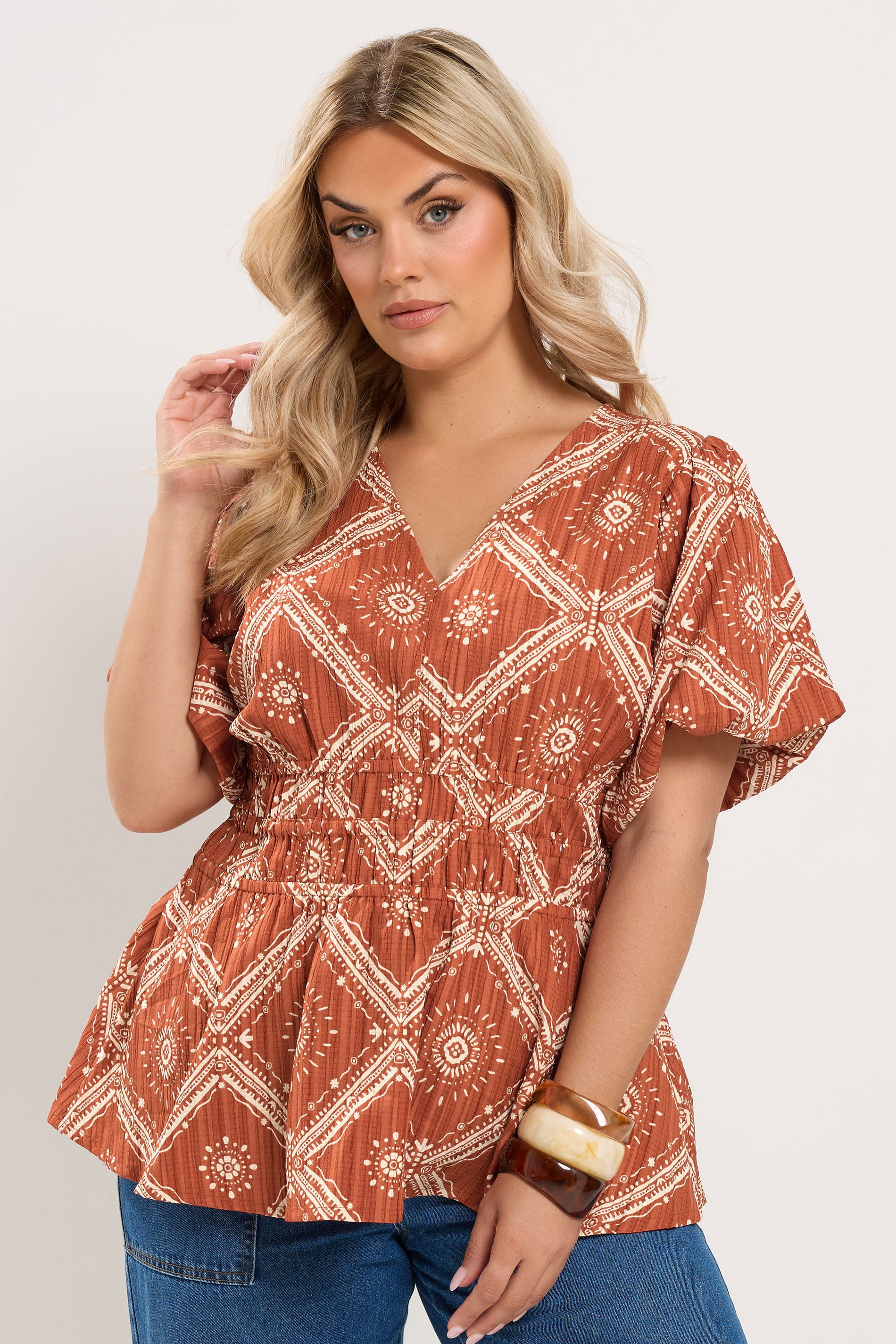 YOURS Plus Size Orange Abstract Puff Sleeve Blouse | Yours Clothing 3