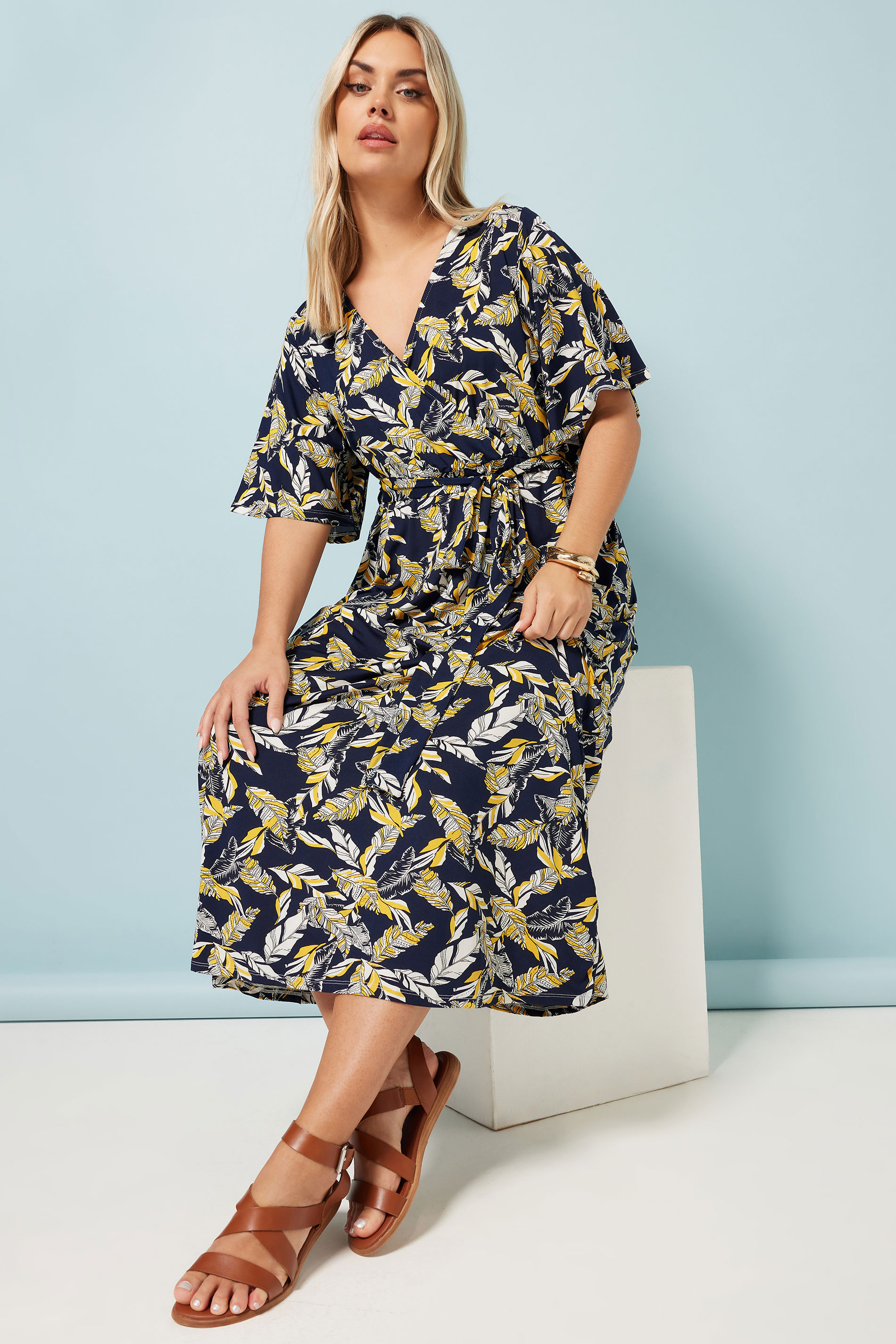 YOURS Plus Size Navy Blue Leaf Print Wrap Maxi Dress | Yours Clothing 1