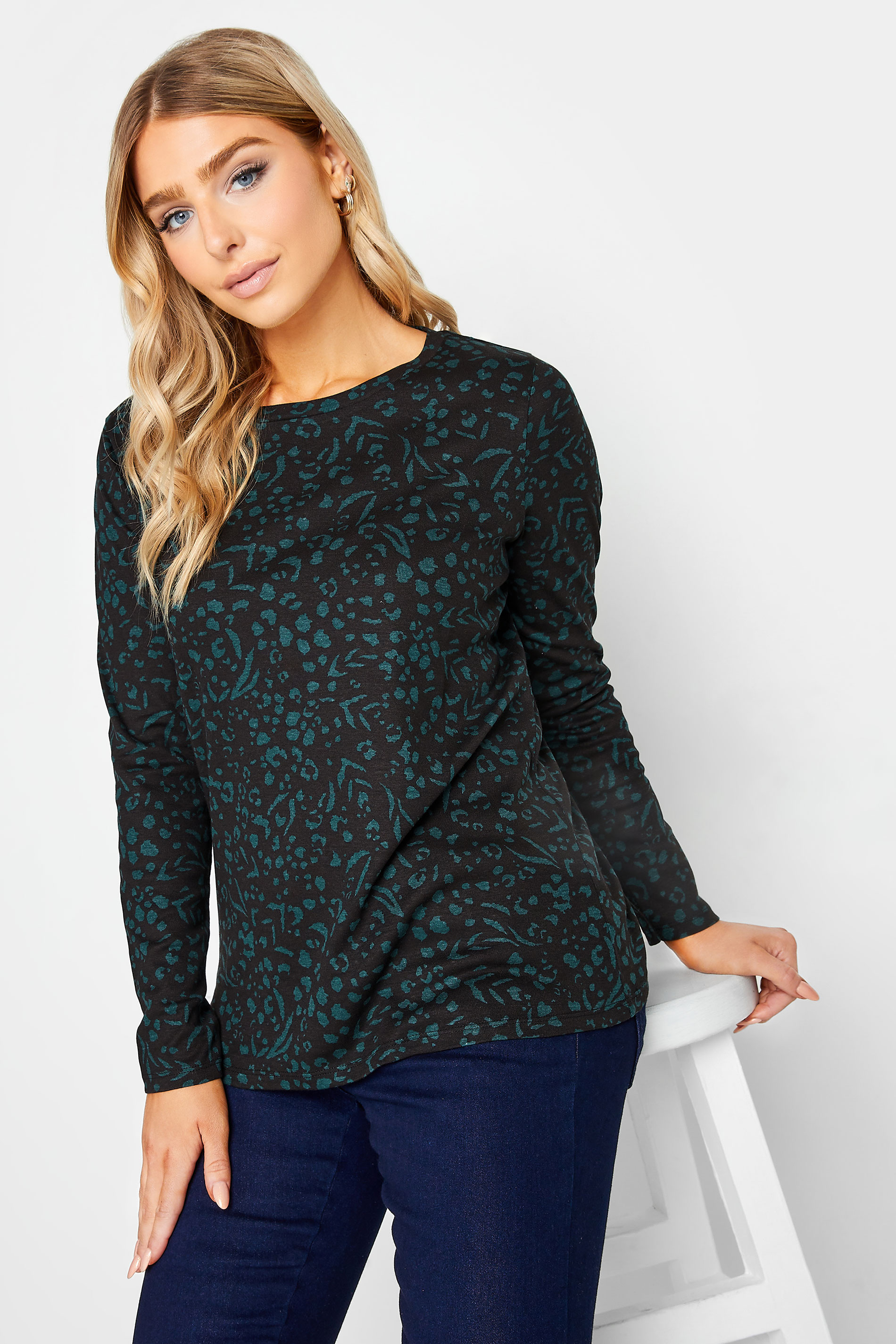 M&Co Green Teal Animal Print Long Sleeve Cotton Top | M&Co 2