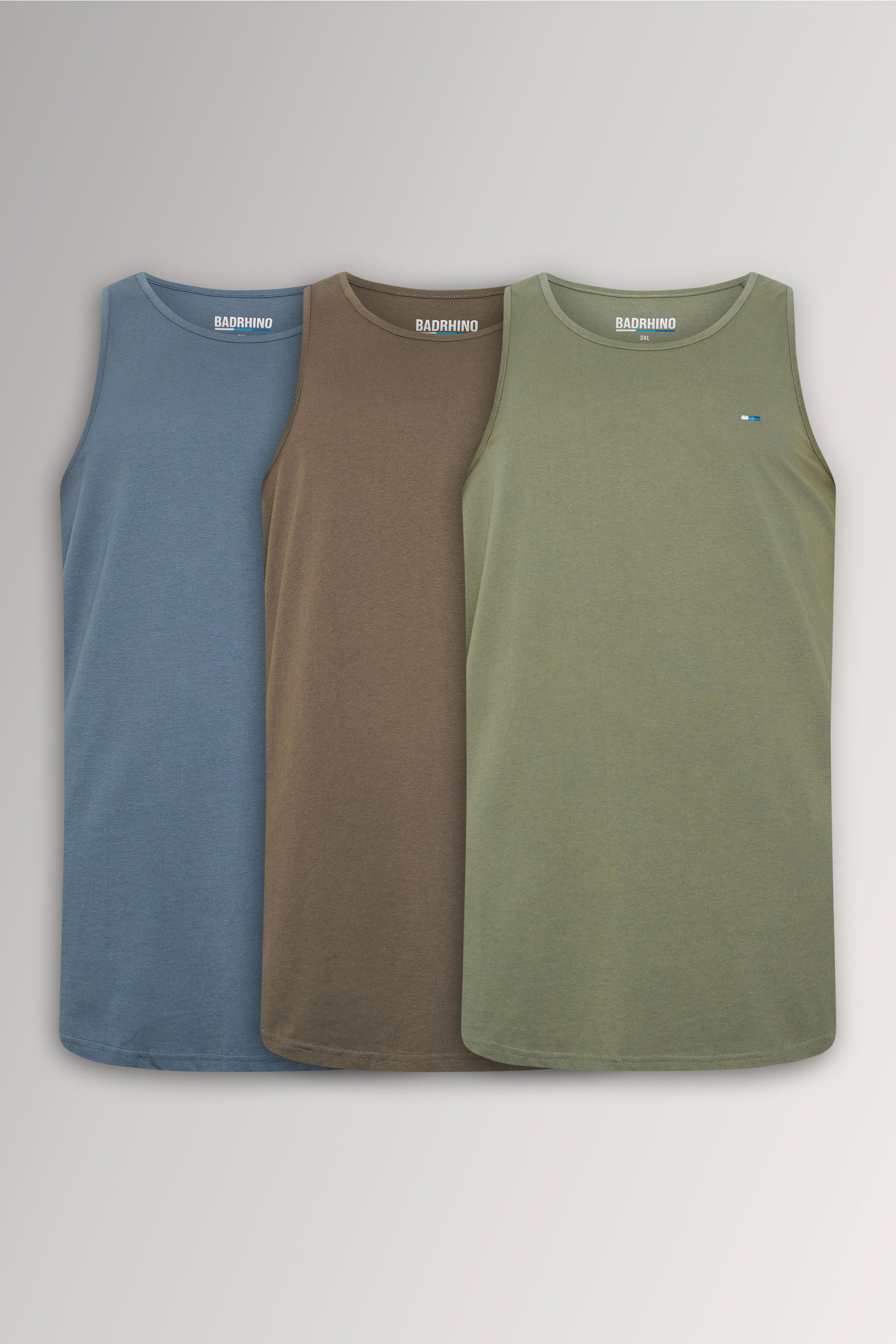 BadRhino Big & Tall 3 Pack Blue/Green/Brown Extra Long Plain Vest Top | BadRhino 3
